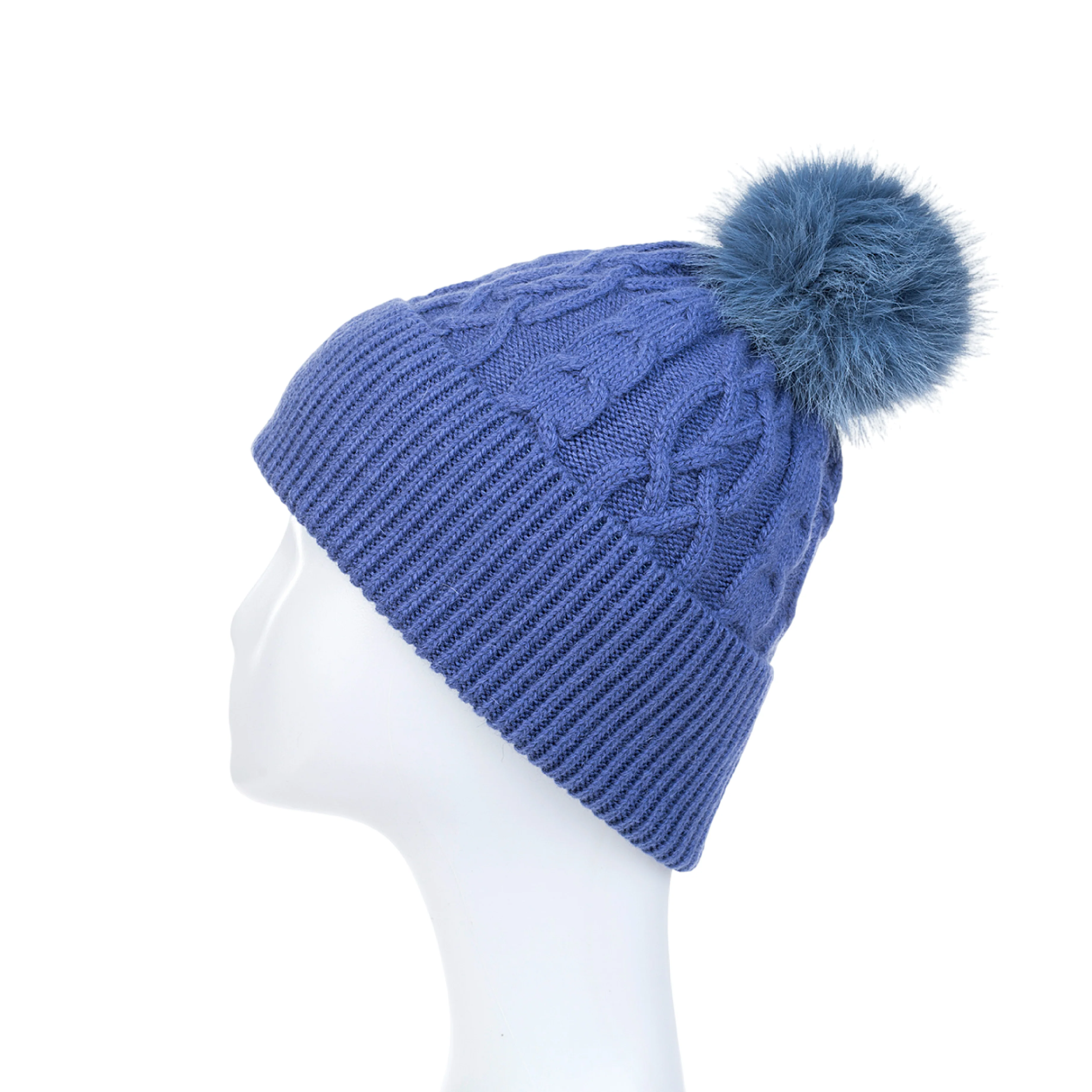 Women's Cable Knit Hat with Faux Fur Pom Pom | China Blue - Image 2