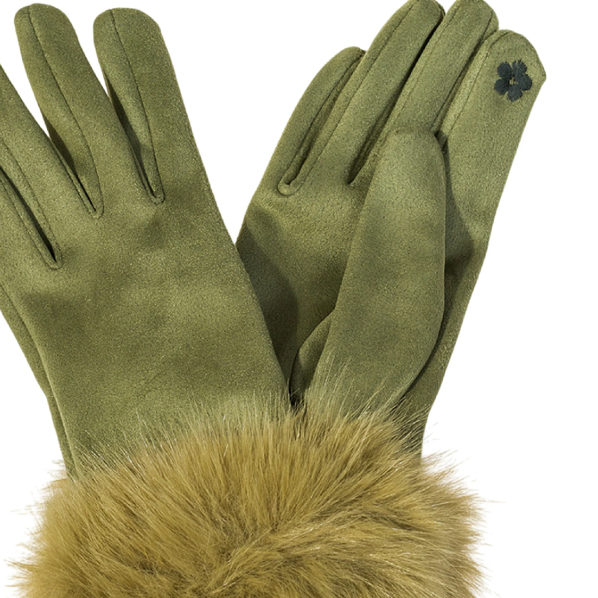 Women's Faux Suede Gloves with Faux Fur Cuffs | Artichoke Green - Image 2