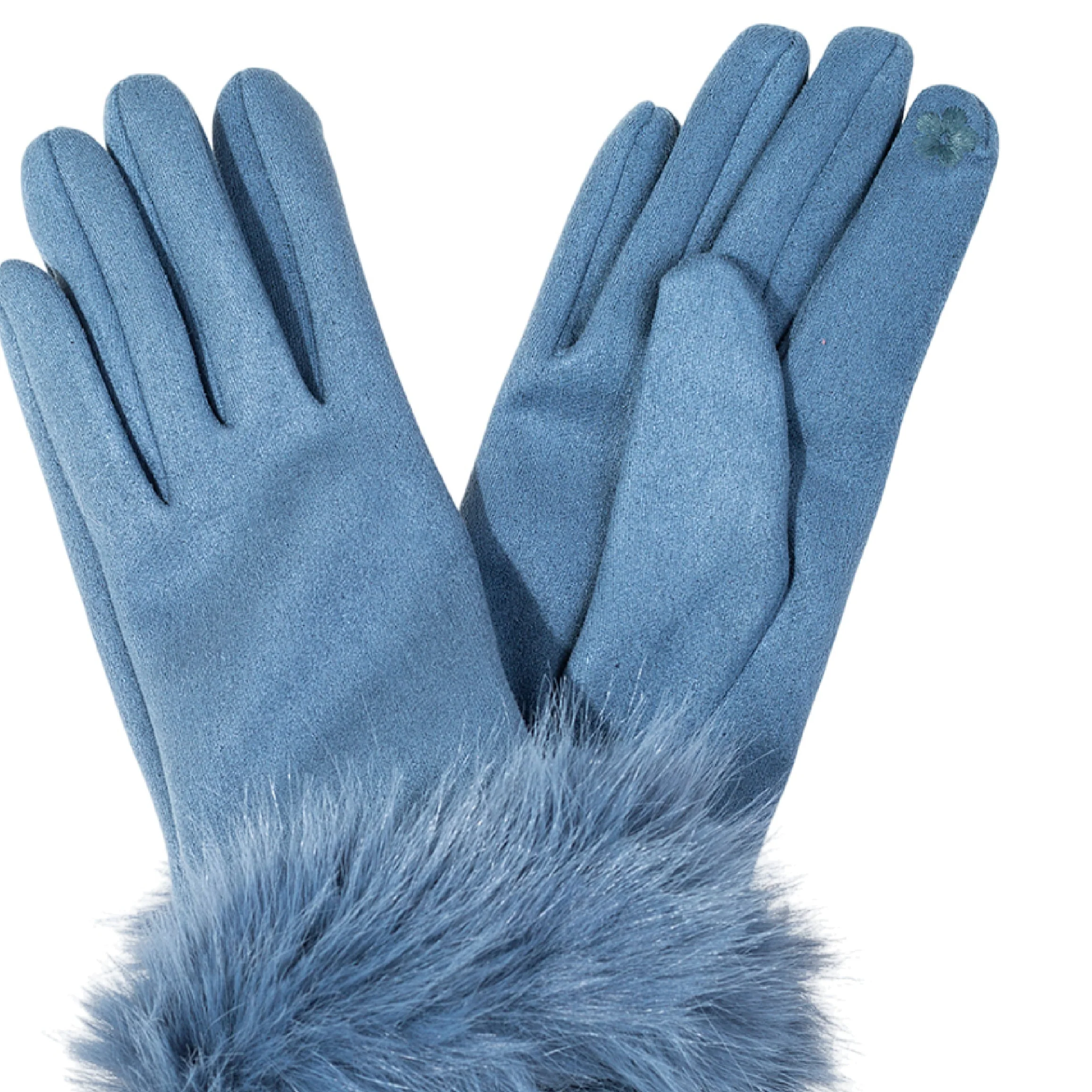 Women's Faux Suede Gloves with Faux Fur Cuffs | China Blue - Image 2