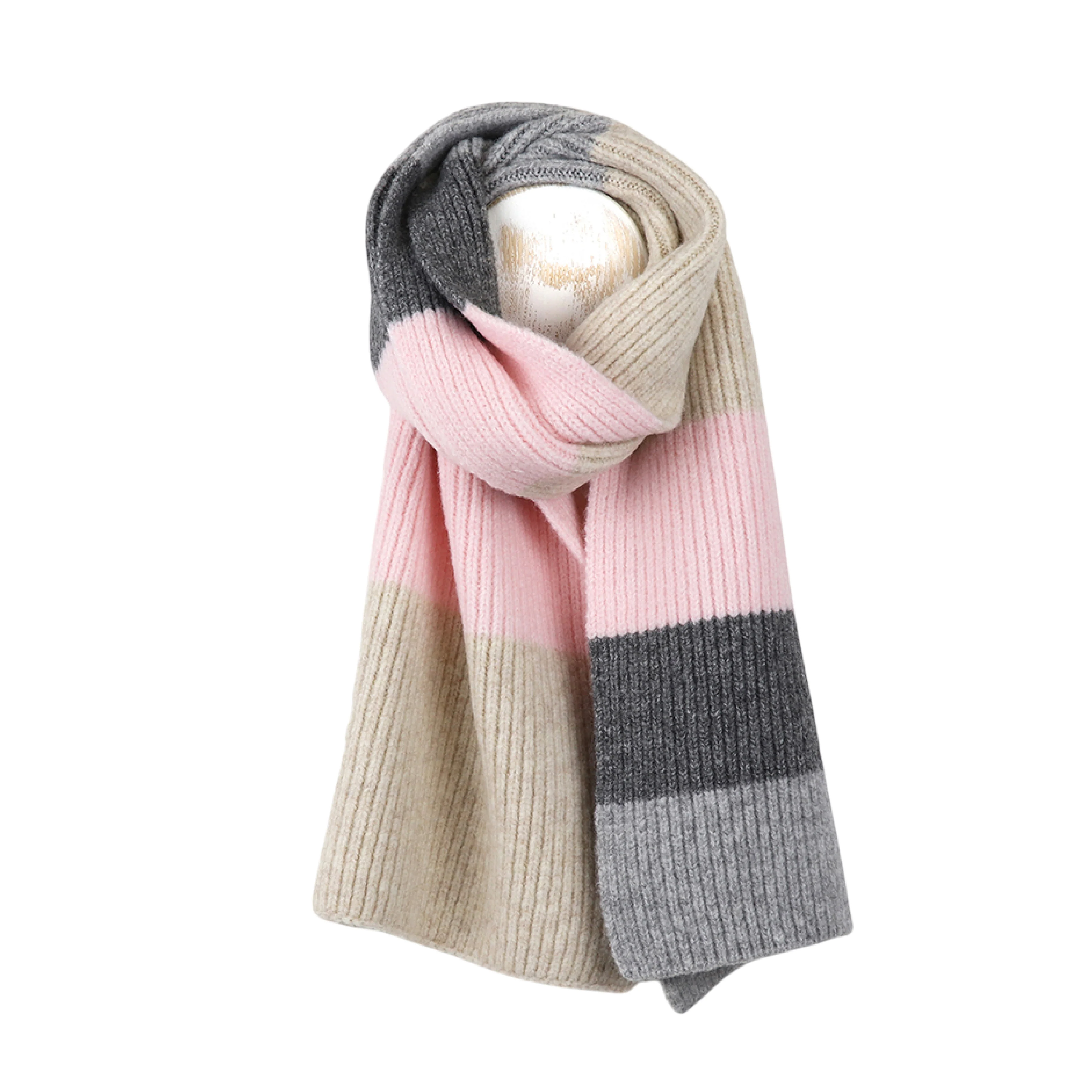Women's Knitted Stripe Scarf | Grey/Pink/Beige - Image 2