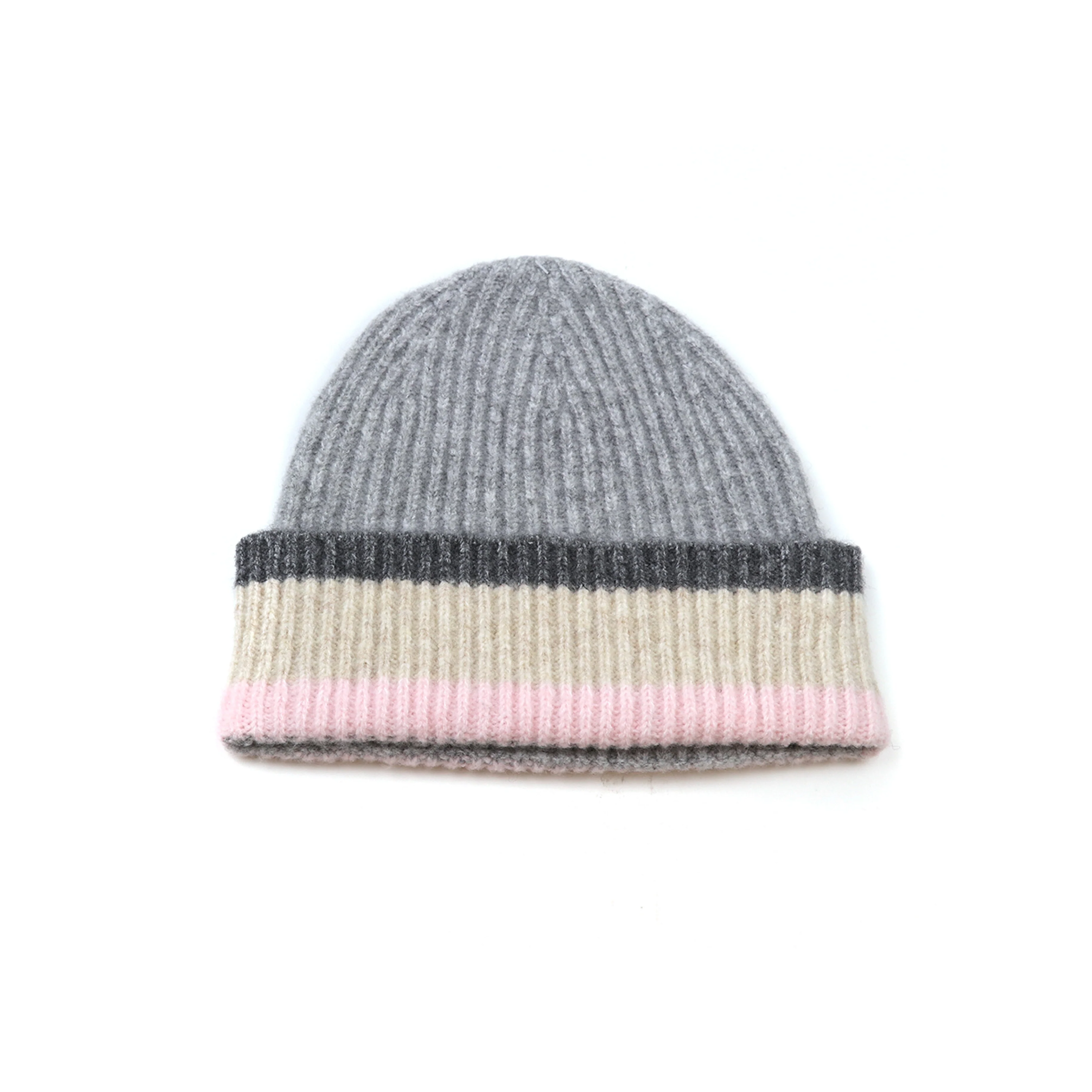 Women's Ribbed Colour Block Beanie Hat | Grey/Pink/Beige - Image 2