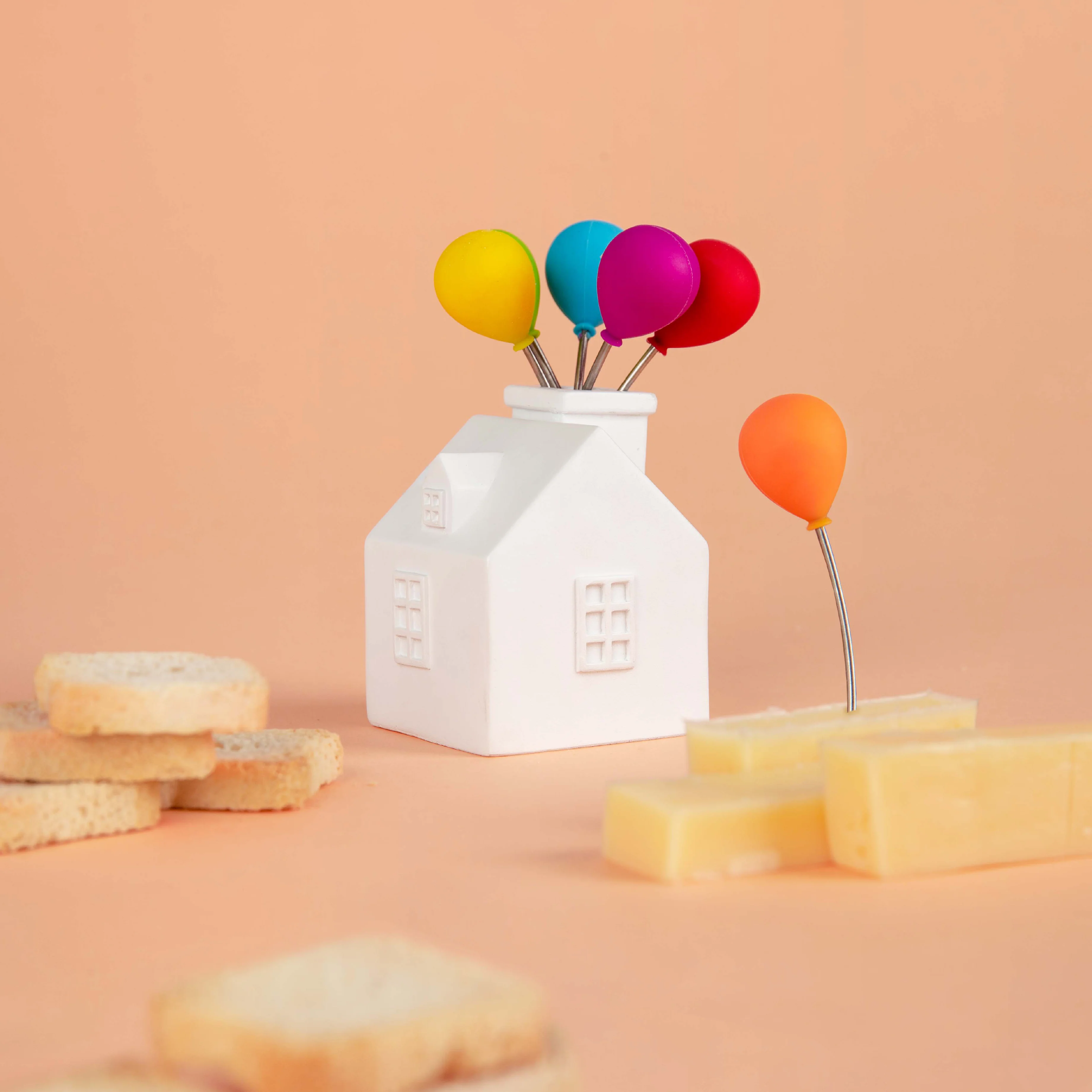 Balloon-Tipped Snack Forks in House Holder | Set of 6 - Image 4