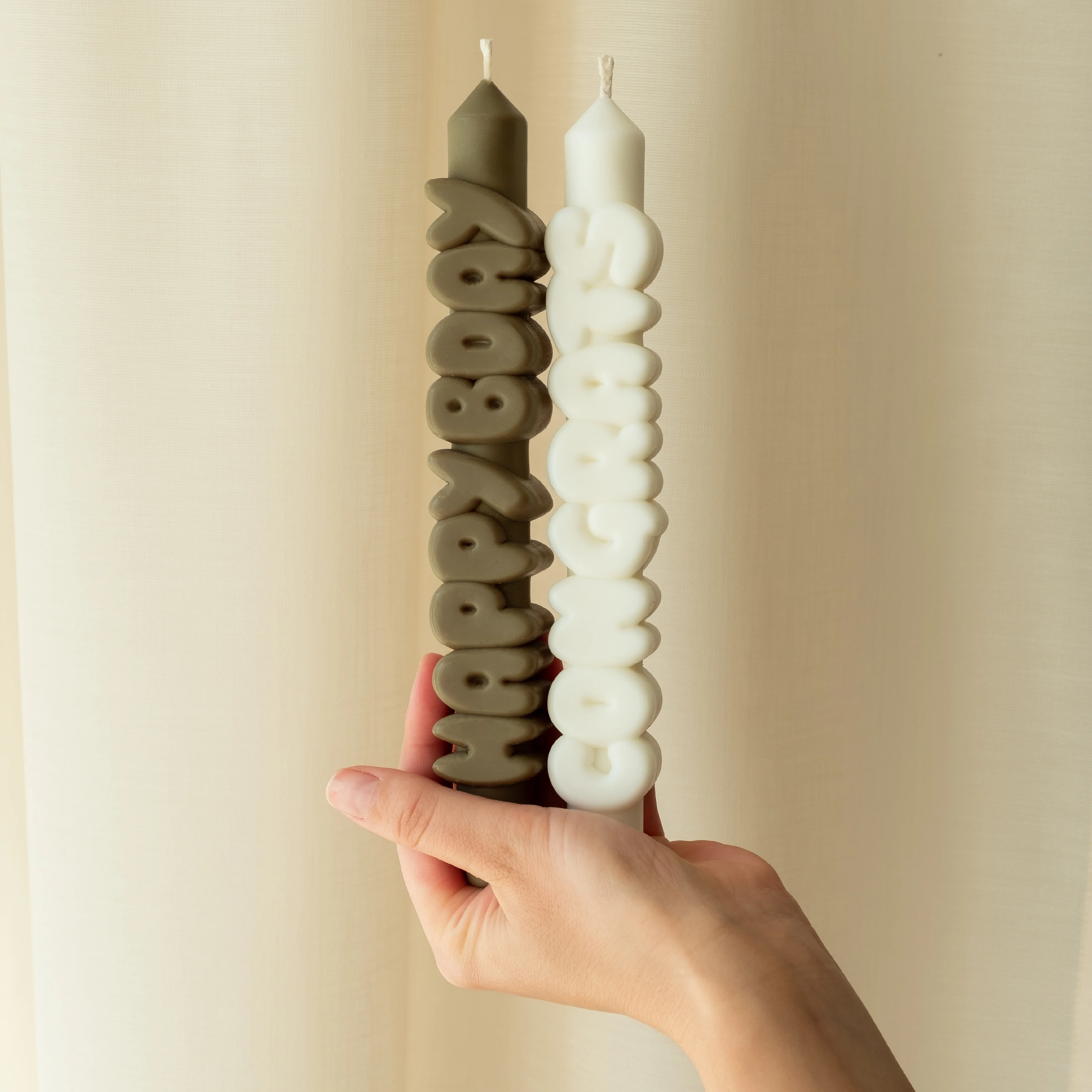 Birthday Taper Candles | Olive Green/White | Set of 2 - Image 2