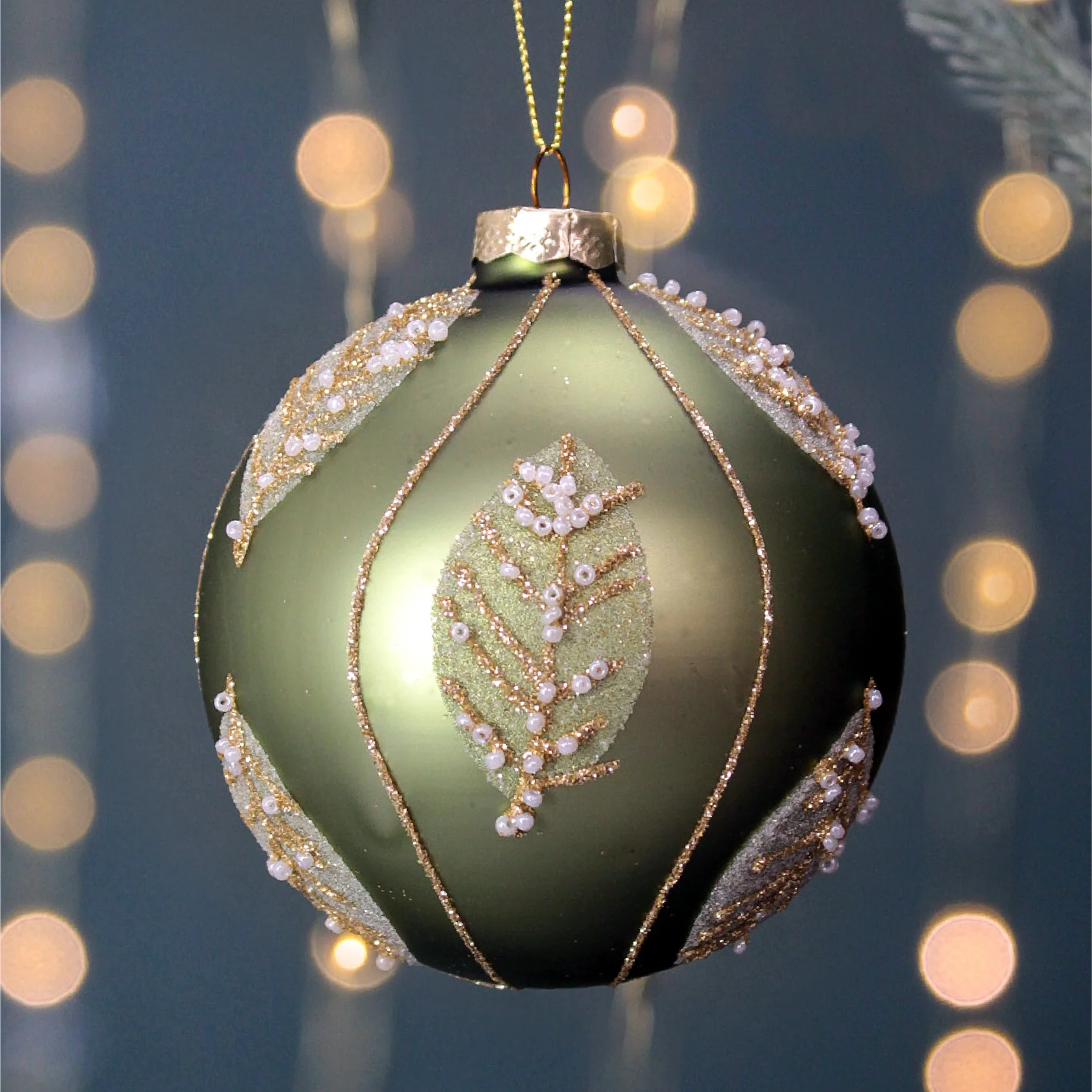 Beaded Glitter Leaf Christmas Tree Bauble | Sage & Gold - Image 2