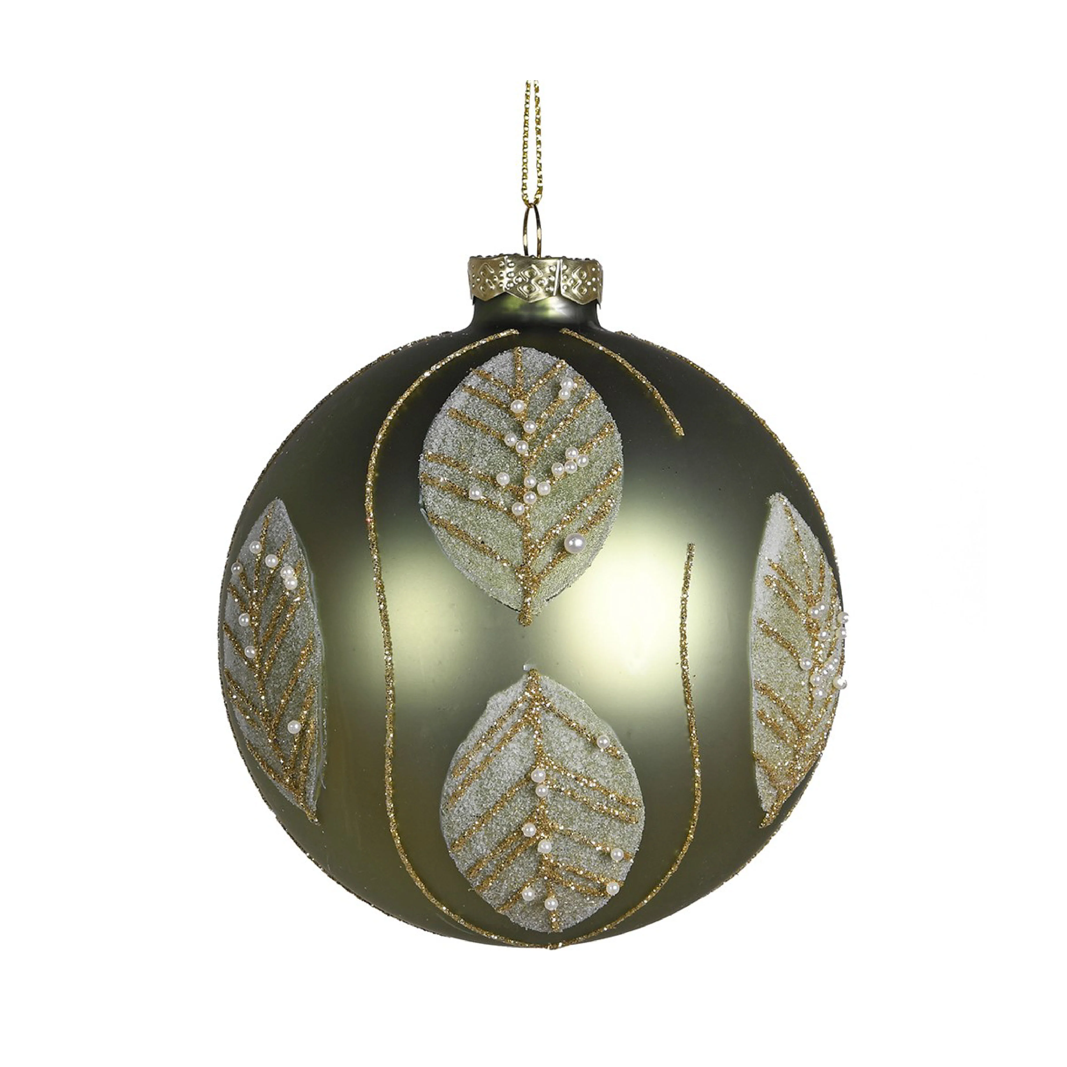 Beaded Glitter Leaf Christmas Tree Bauble | Sage & Gold - Image 4