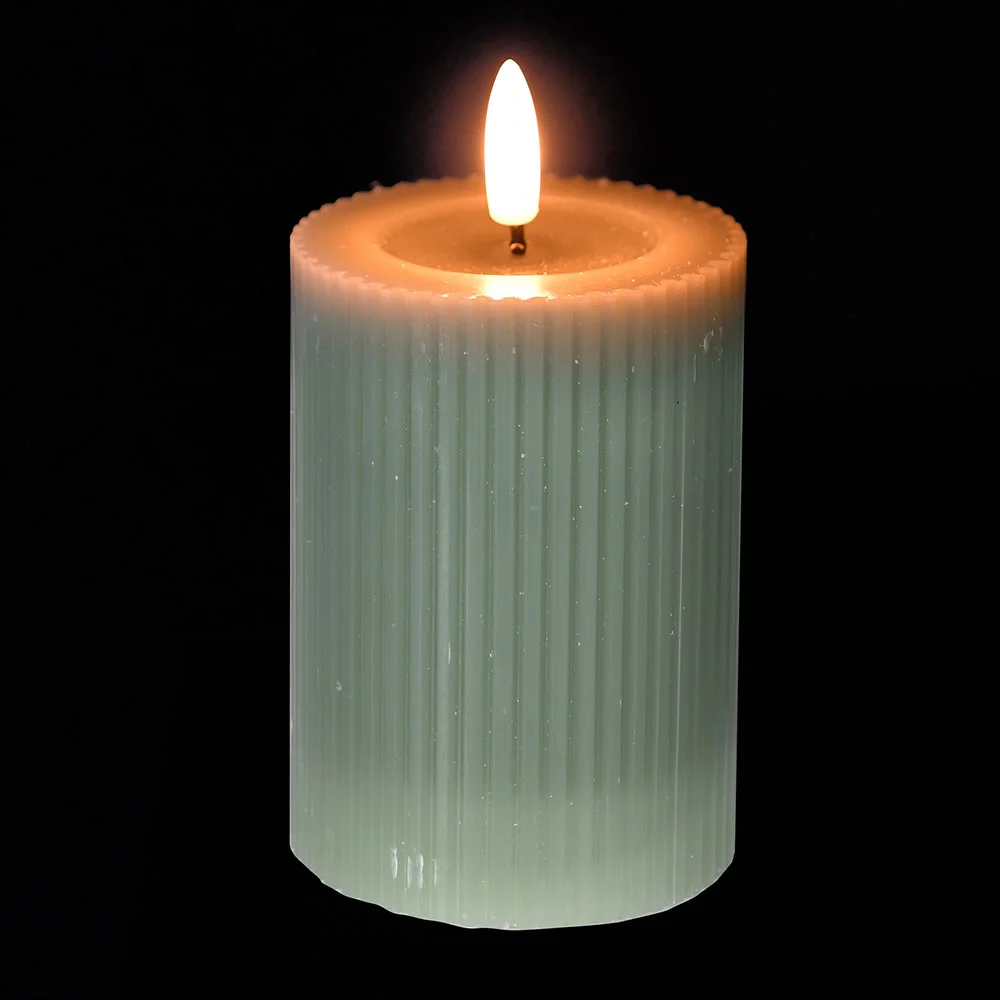 LED Pillar Candle with Ribbed Detail | Sage | 13.5cm - Image 3