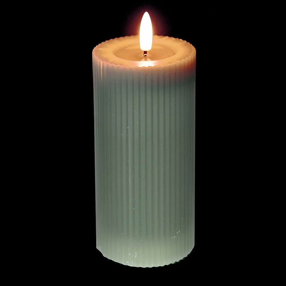 LED Pillar Candle with Ribbed Detail | Sage | 18cm - Image 3