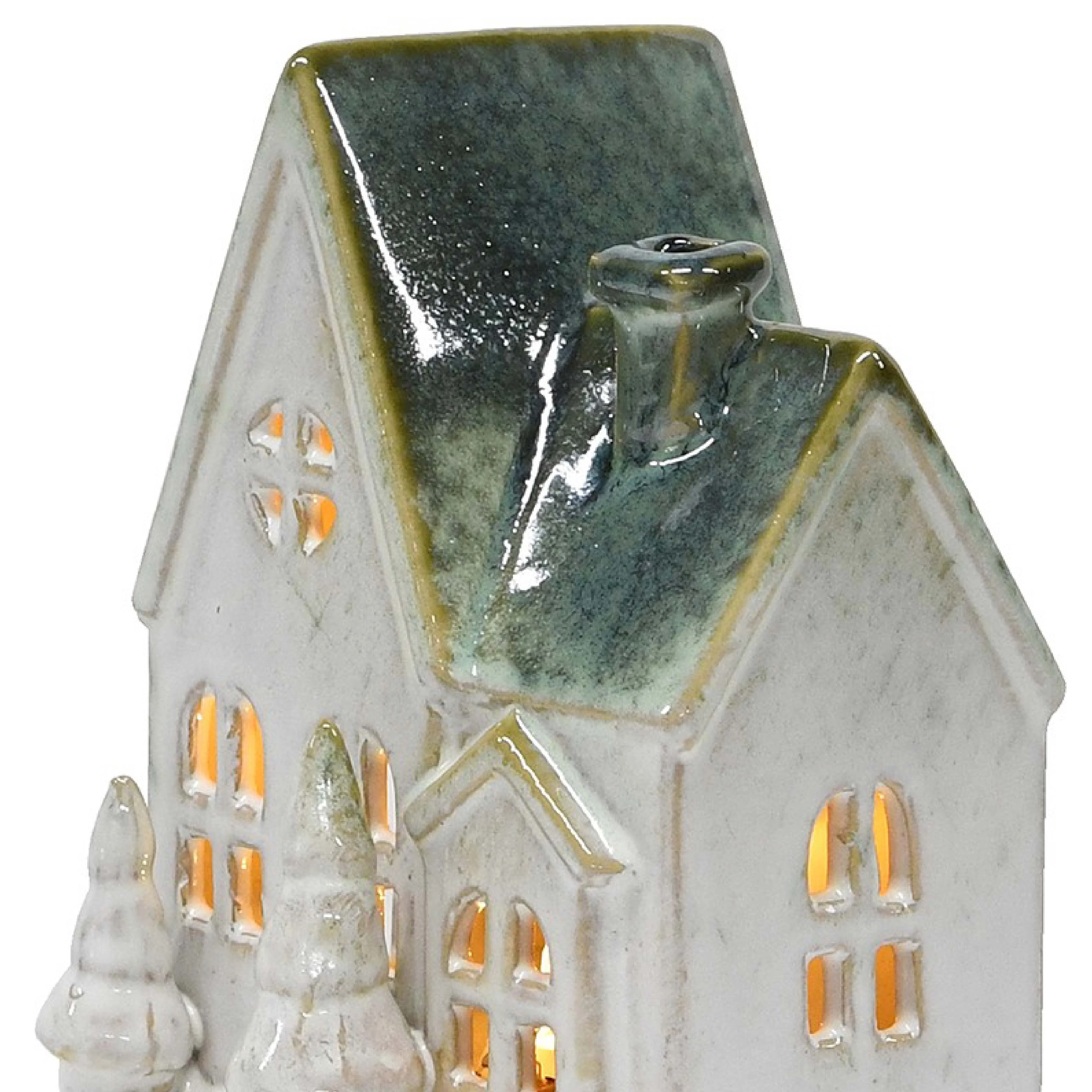 LED Rustic Glaze Alpine Chalet | White/Green Ceramic | 13cm - Image 2