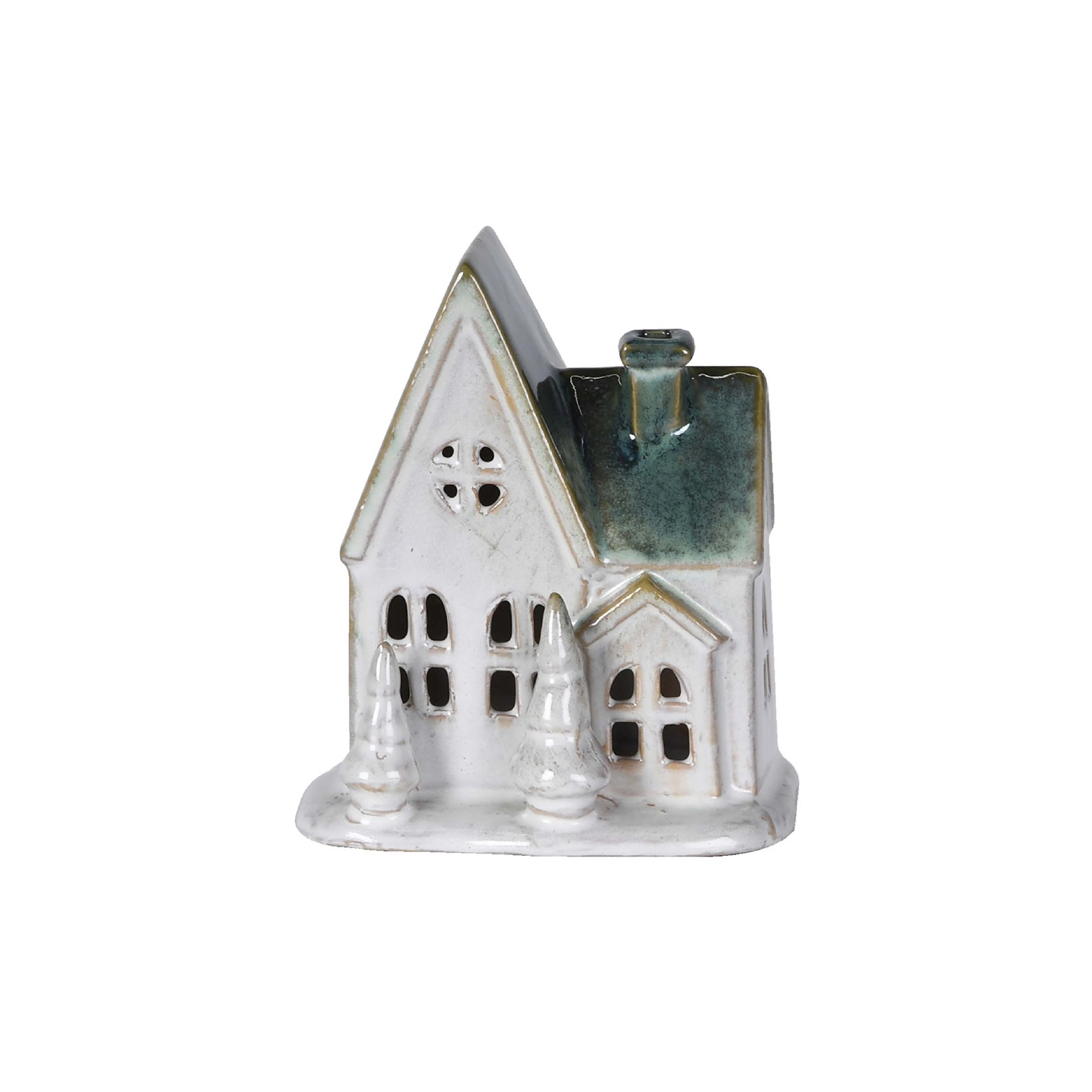 LED Rustic Glaze Alpine Chalet | White/Green Ceramic | 13cm - Image 3