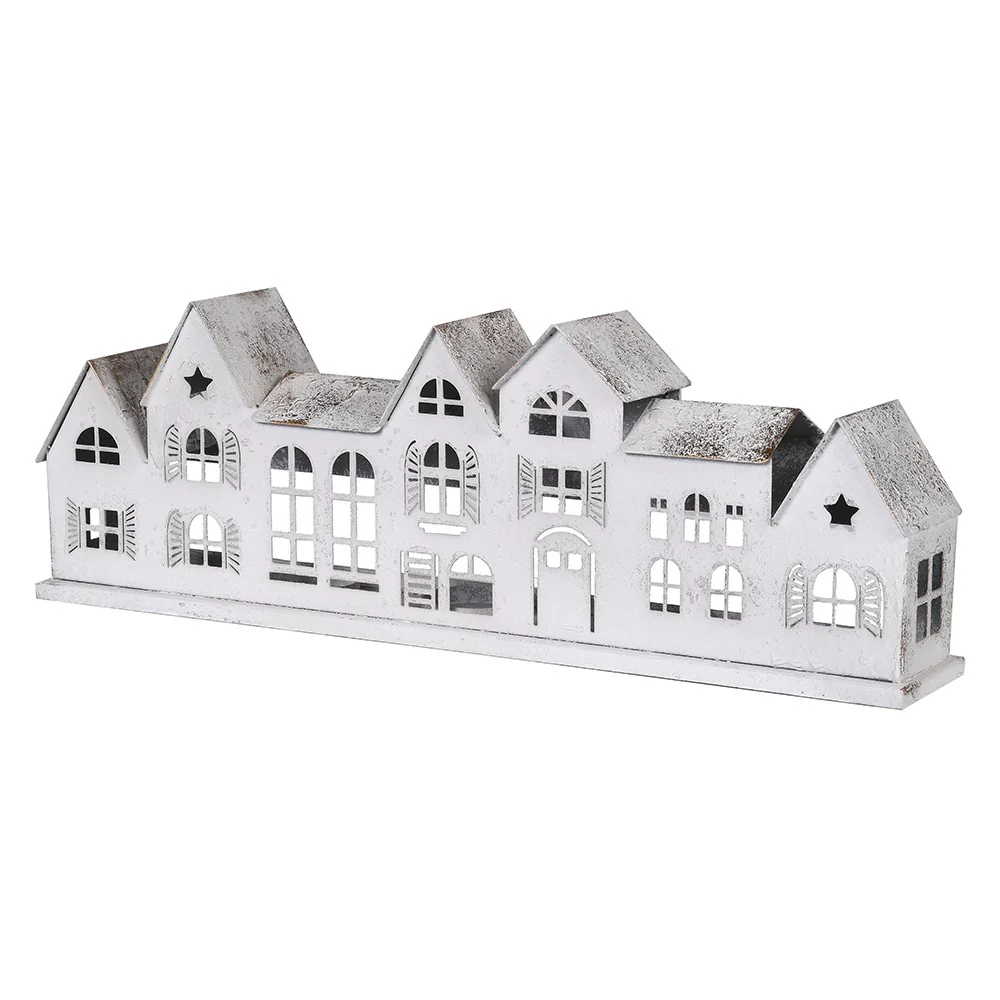 Rustic Snowcapped Townhouse Candle Holder | Whitewash Iron | 52cm
