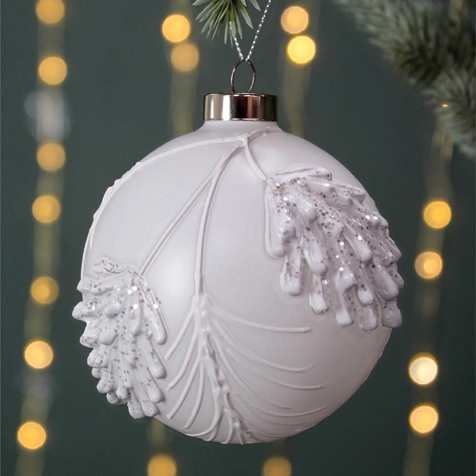 Embossed Leaf Christmas Tree Bauble with Glitter | White & Silver - Image 2