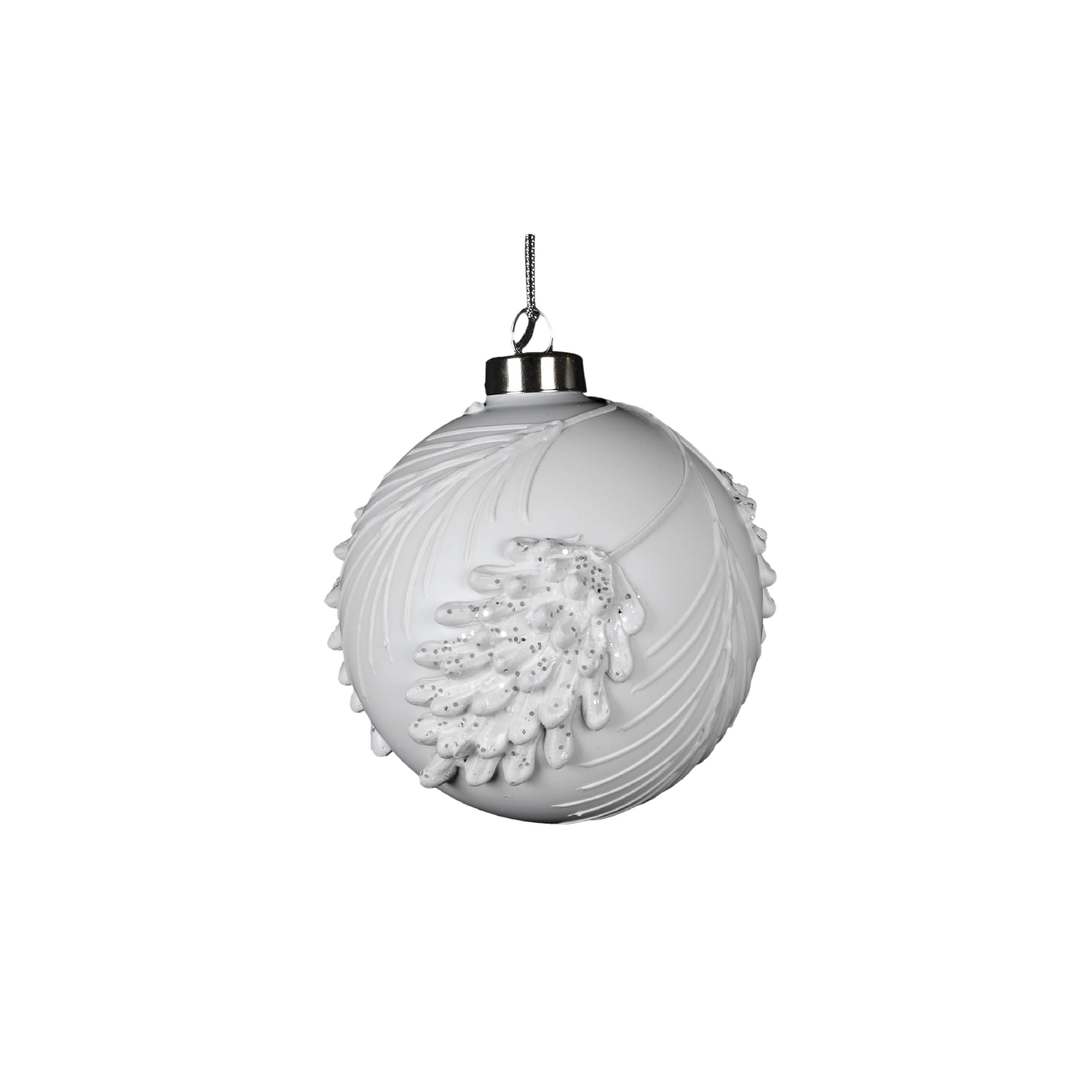 Embossed Leaf Christmas Tree Bauble with Glitter | White & Silver - Image 3