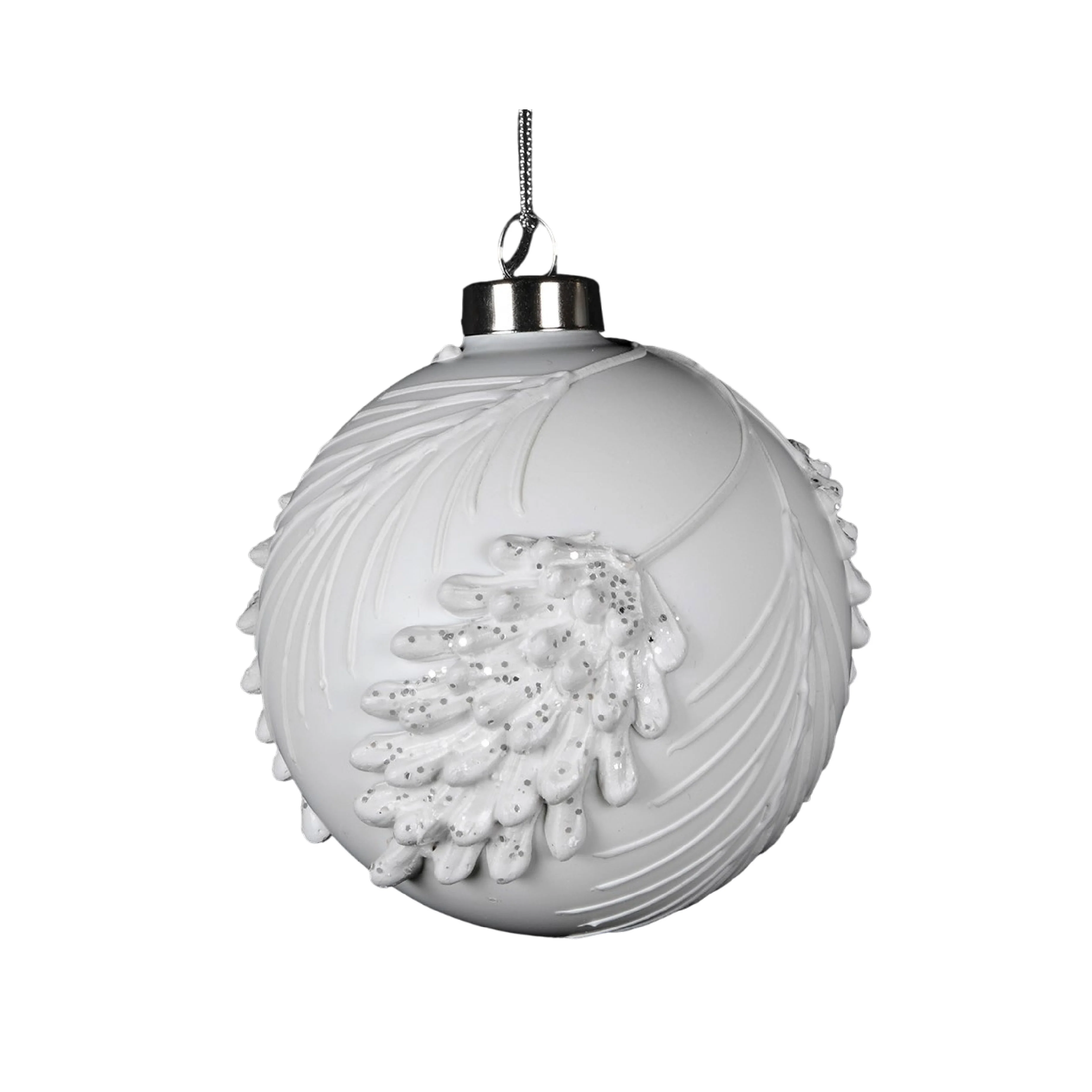 Embossed Leaf Christmas Tree Bauble with Glitter | White & Silver - Image 4