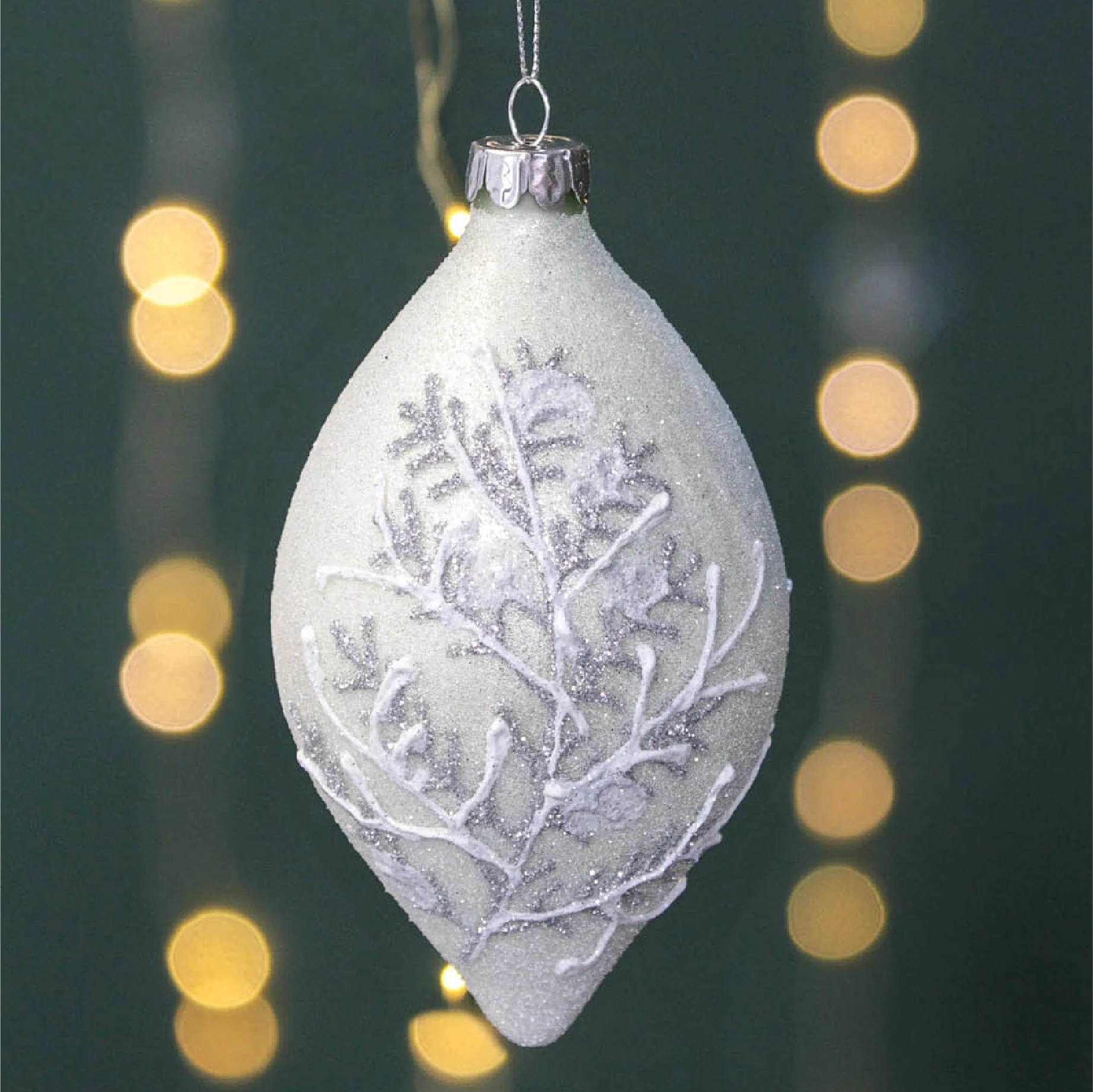 Frosted Glitter Finial Christmas Tree Bauble | Silver & White - Image 2