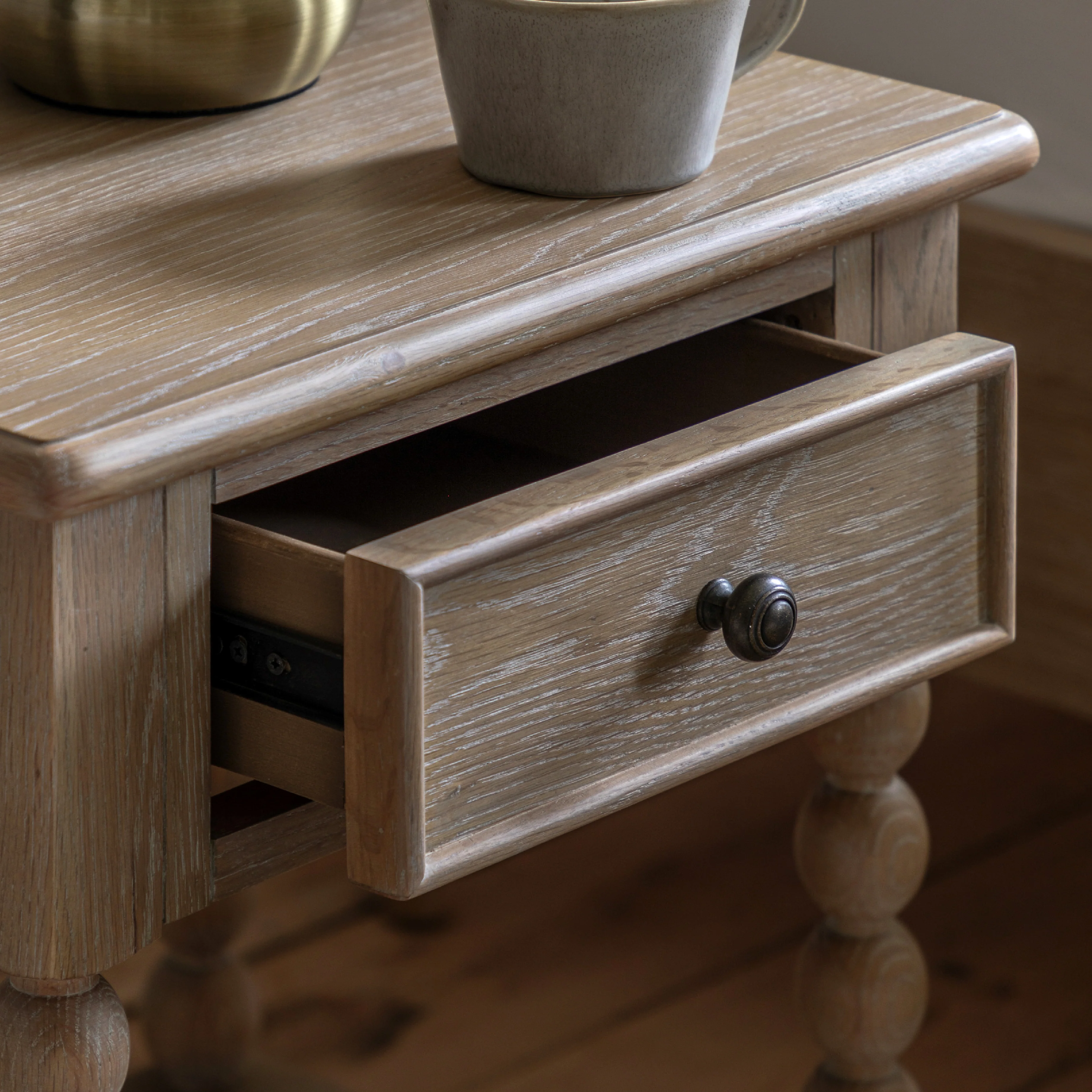 Artisan Bobbin 1 Drawer Bedside Table | Limewashed Oak - Image 2