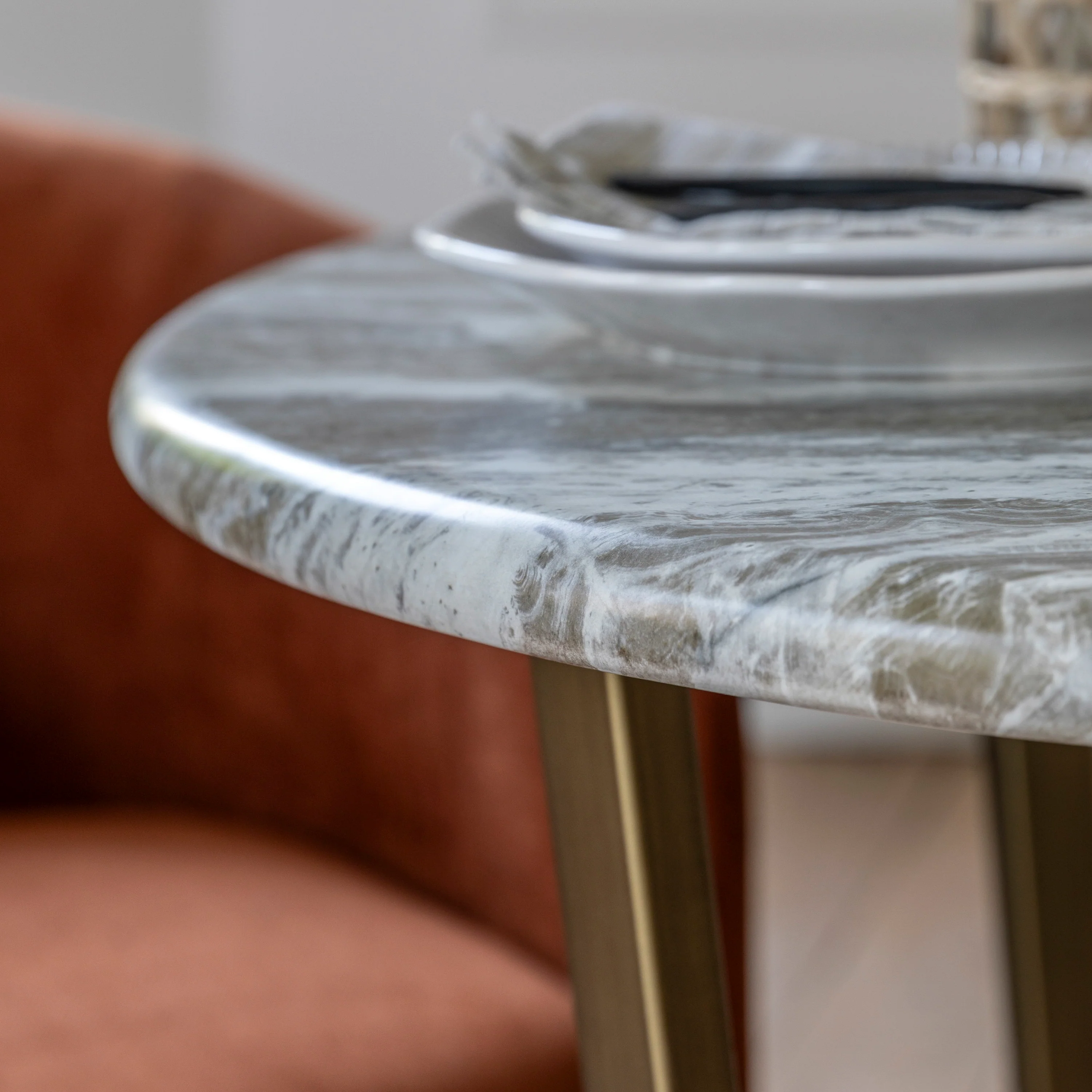 Lusso Faux Marble Top Round Dining Table | Brass - Image 6