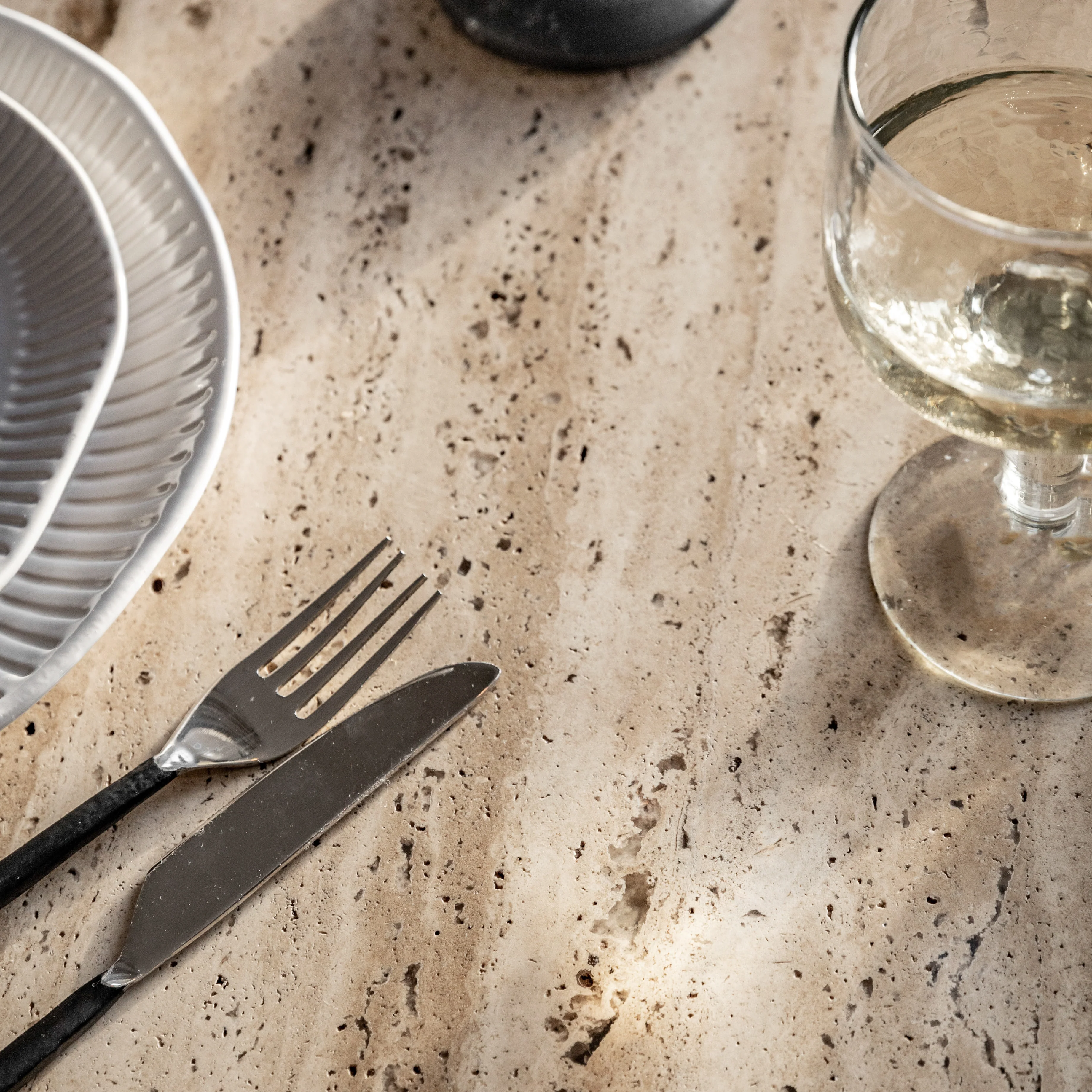 Sculpt Retro Travertine Top Dining Table | Dark Wood - Image 5