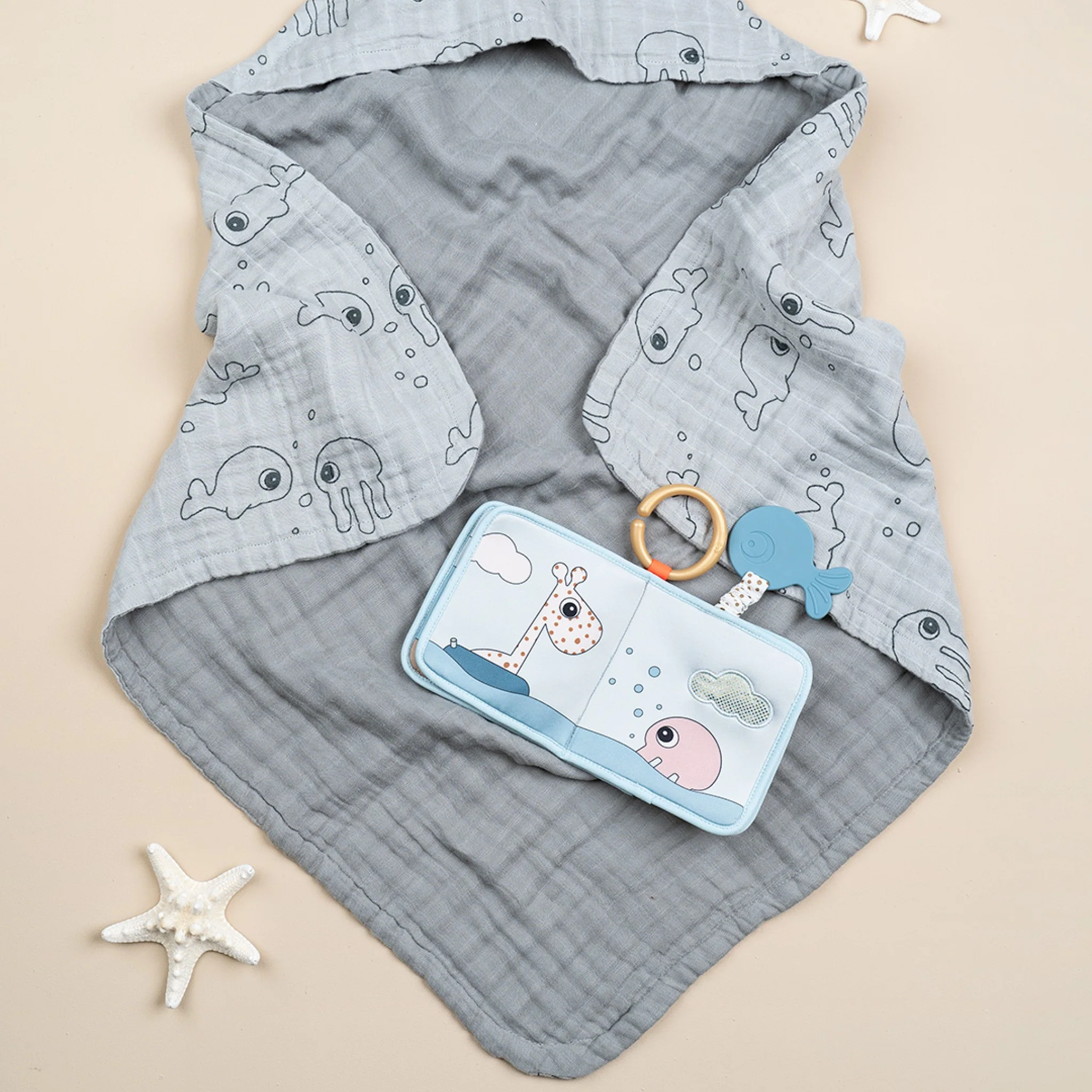 Hooded Towel | Sea Friends | Grey - Image 2