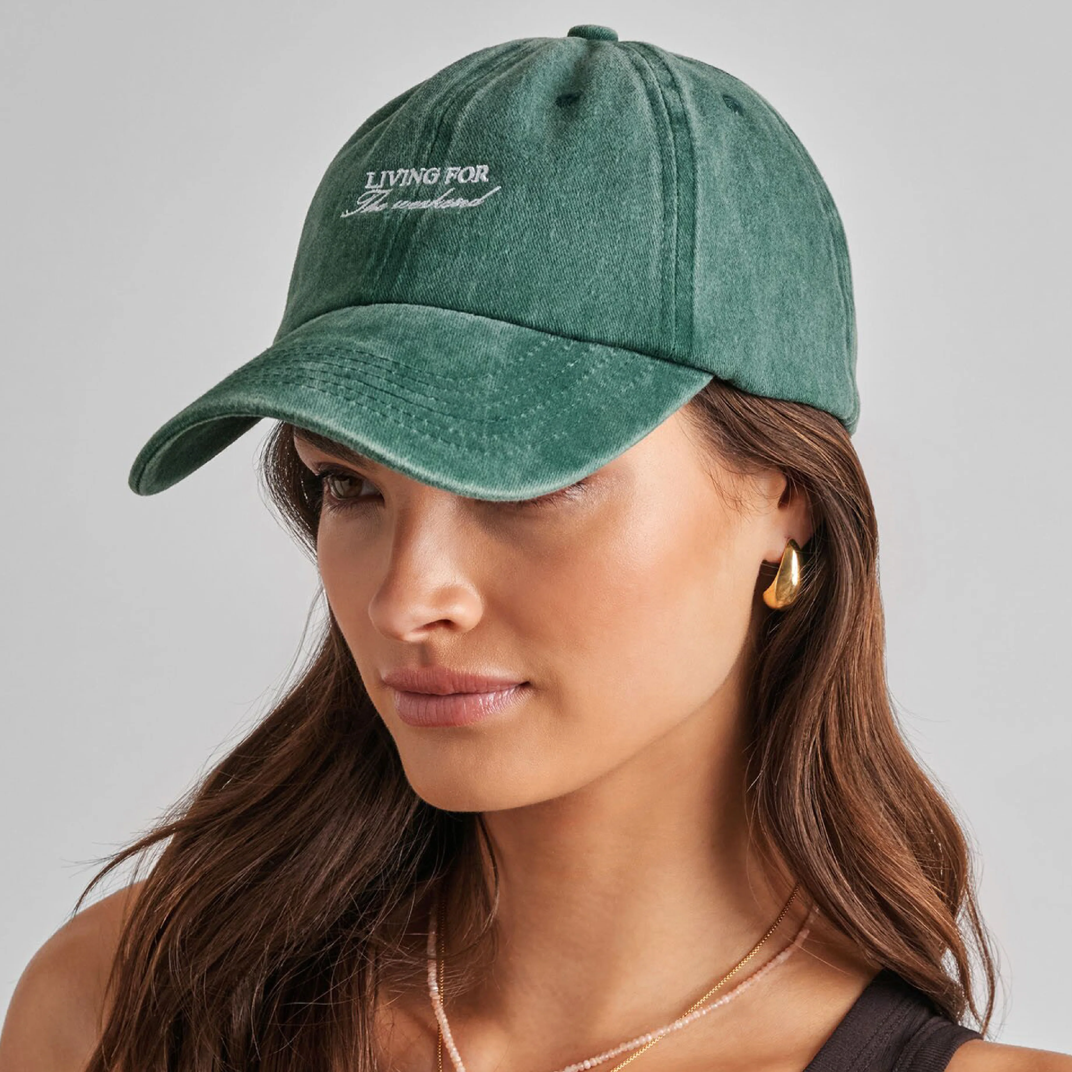 'Living For The Weekend' Embroidered Cap | Faded Green - Image 2