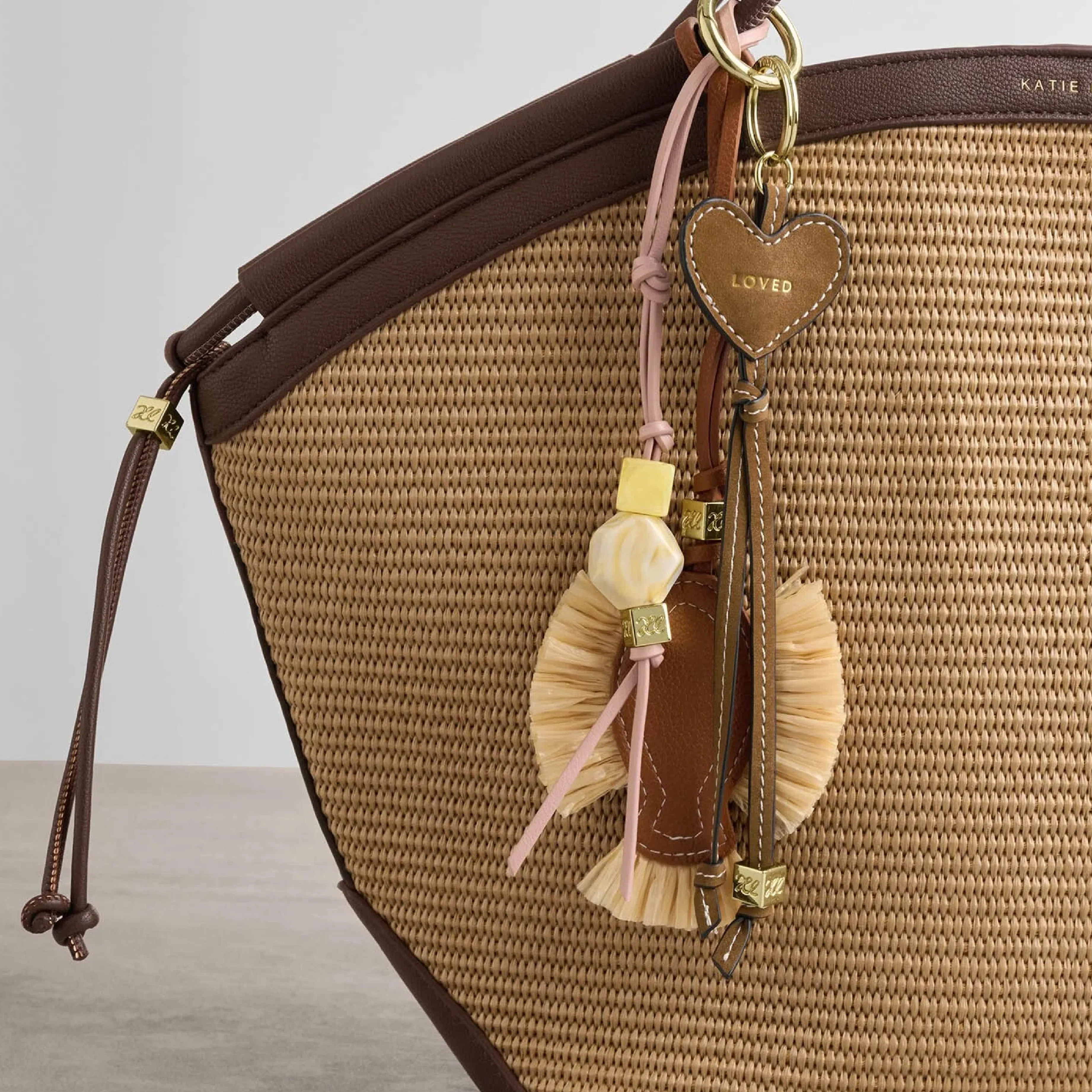 Suedette 'Loved' Heart Bag Charm & Keyring | Caramel - Image 3