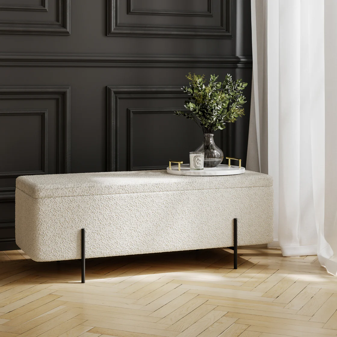 Lola Boucle Storage Ottoman | Ivory/Matt Black