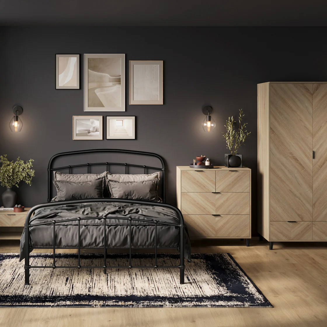 Stockholm Chevron 1 Drawer Bedside Cabinet | Natural/Black