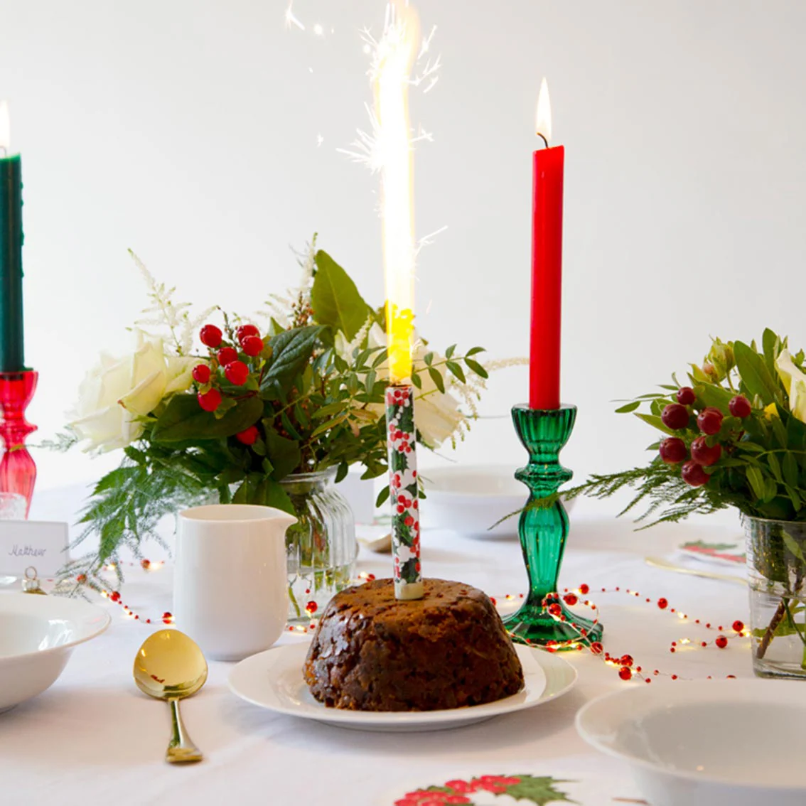 Festive Boho Taper Candle Holder | Dark Green | 16cm - Image 2