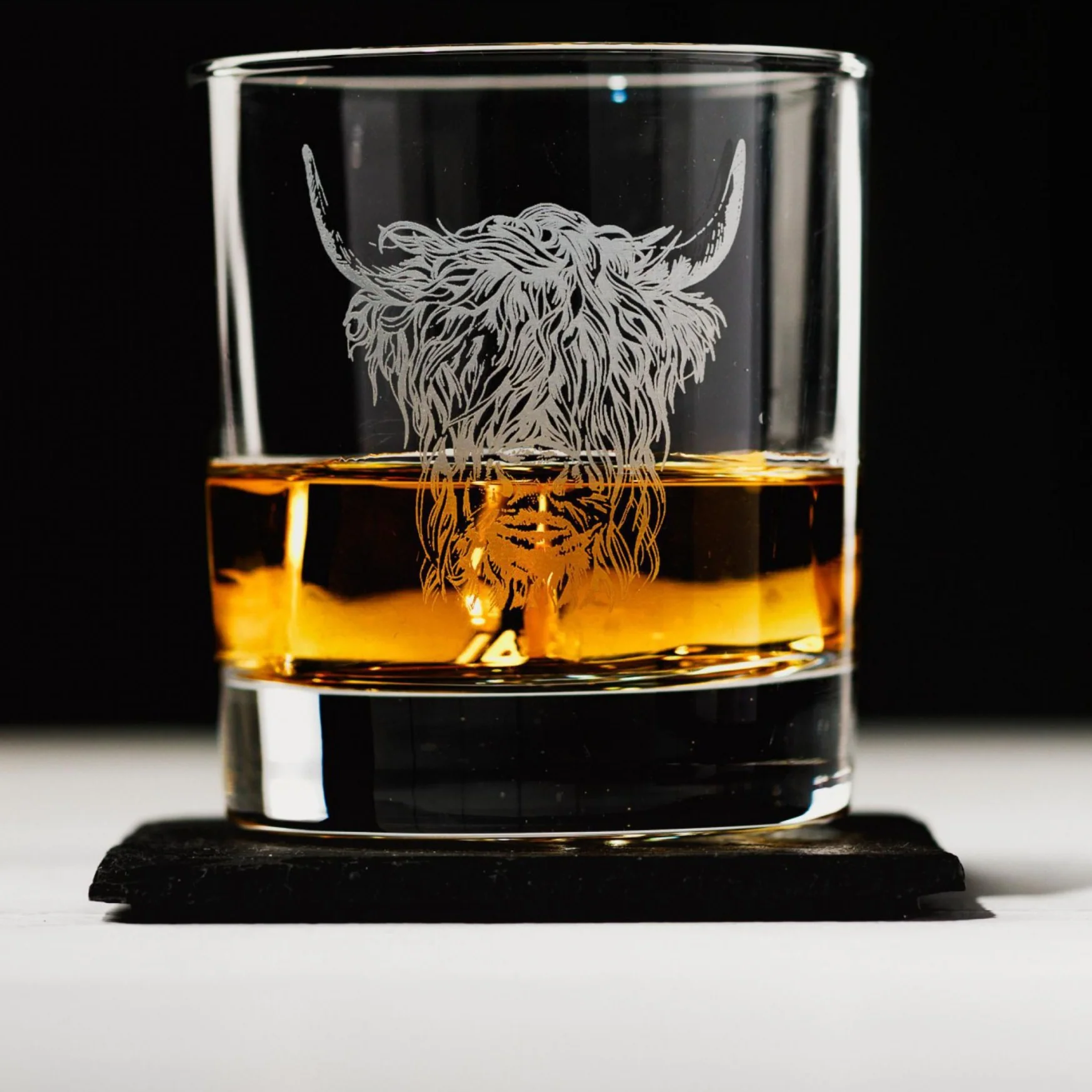 Glass Tumbler with Slate Coaster | Engraved Highland Cow - Image 2