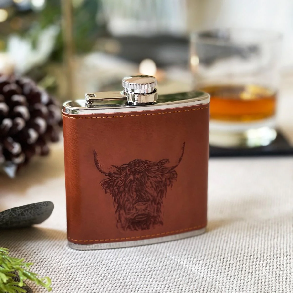 Highland Cow Hip Flask | Leather Wrapped - Image 3