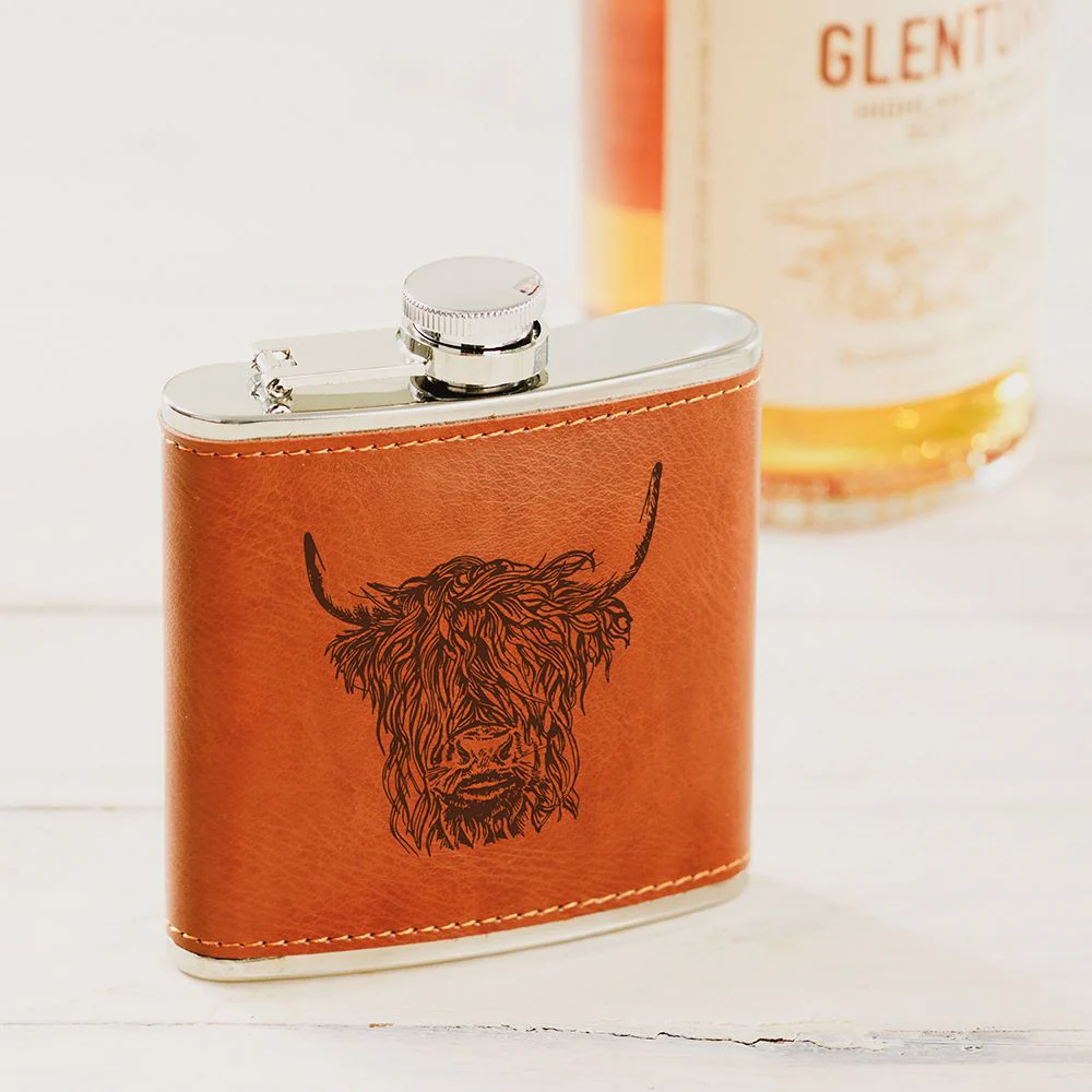 Highland Cow Hip Flask | Leather Wrapped - Image 4