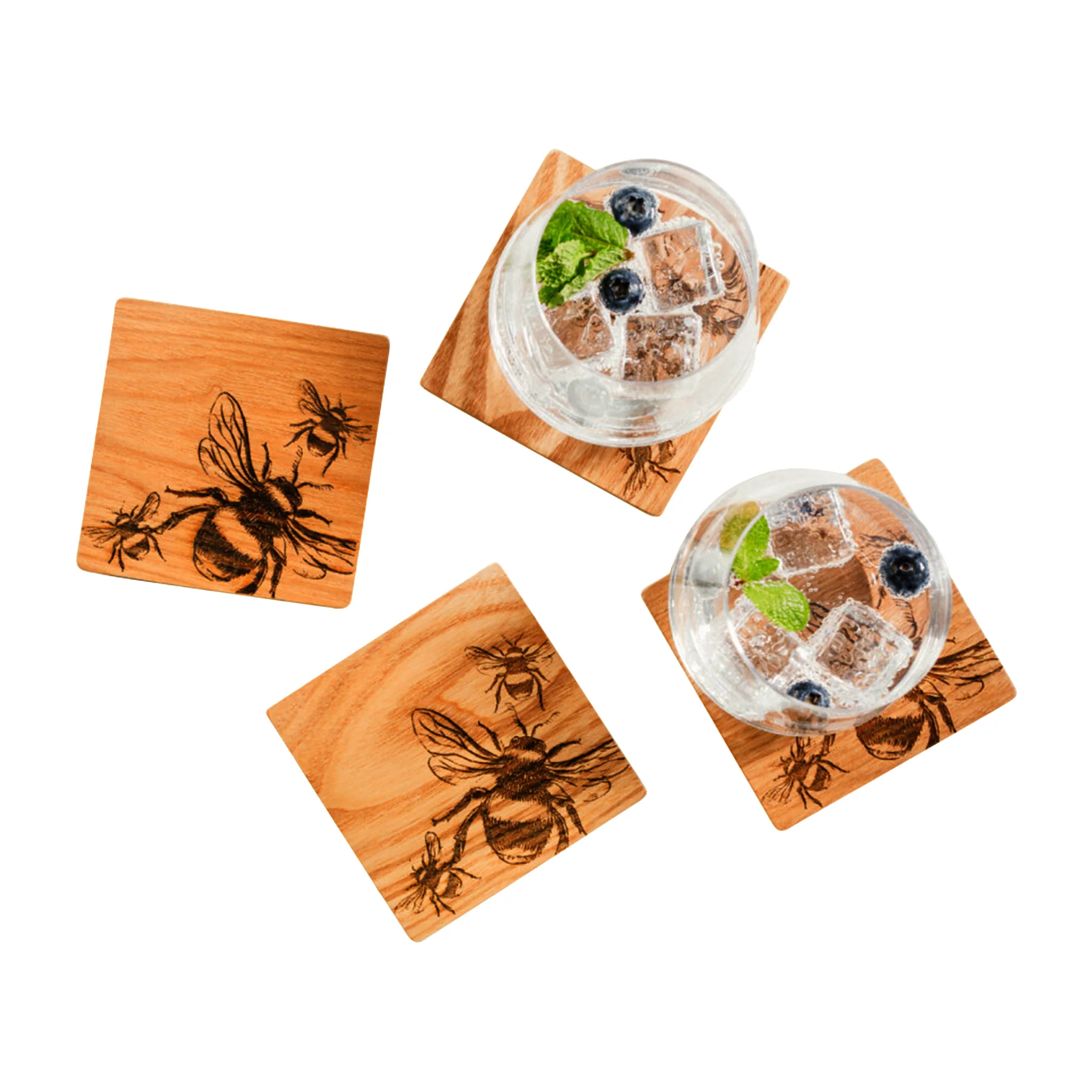 Scottish Oak Coasters | Etched Bee | Set of 2 - Image 3