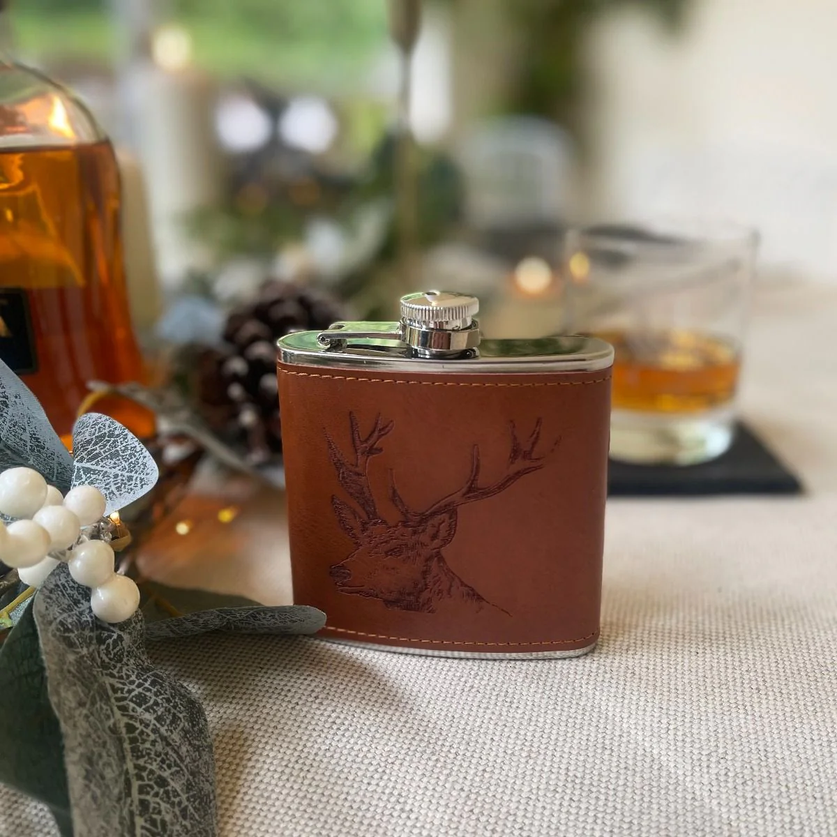 Stag Hip Flask | Leather Wrapped - Image 3