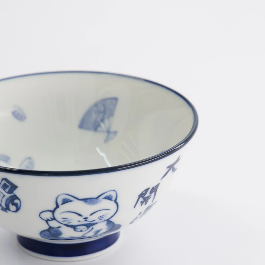 Kawaii Lucky Cat Rice Bowl | Blue & White | 12cm - Image 2