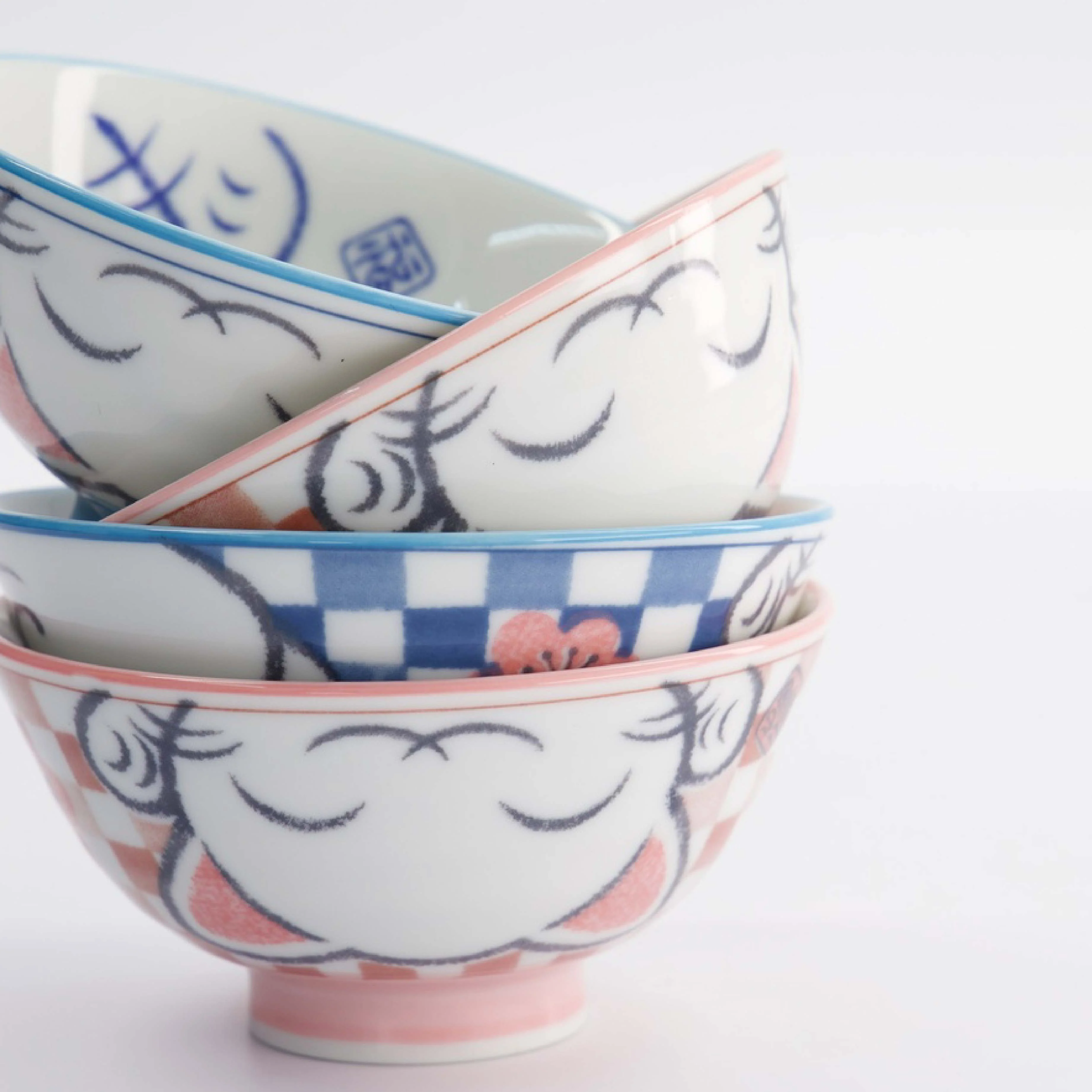 Kawaii Lucky Cat Rice Bowl Set | Blue & Pink | Set of 4 - Image 2