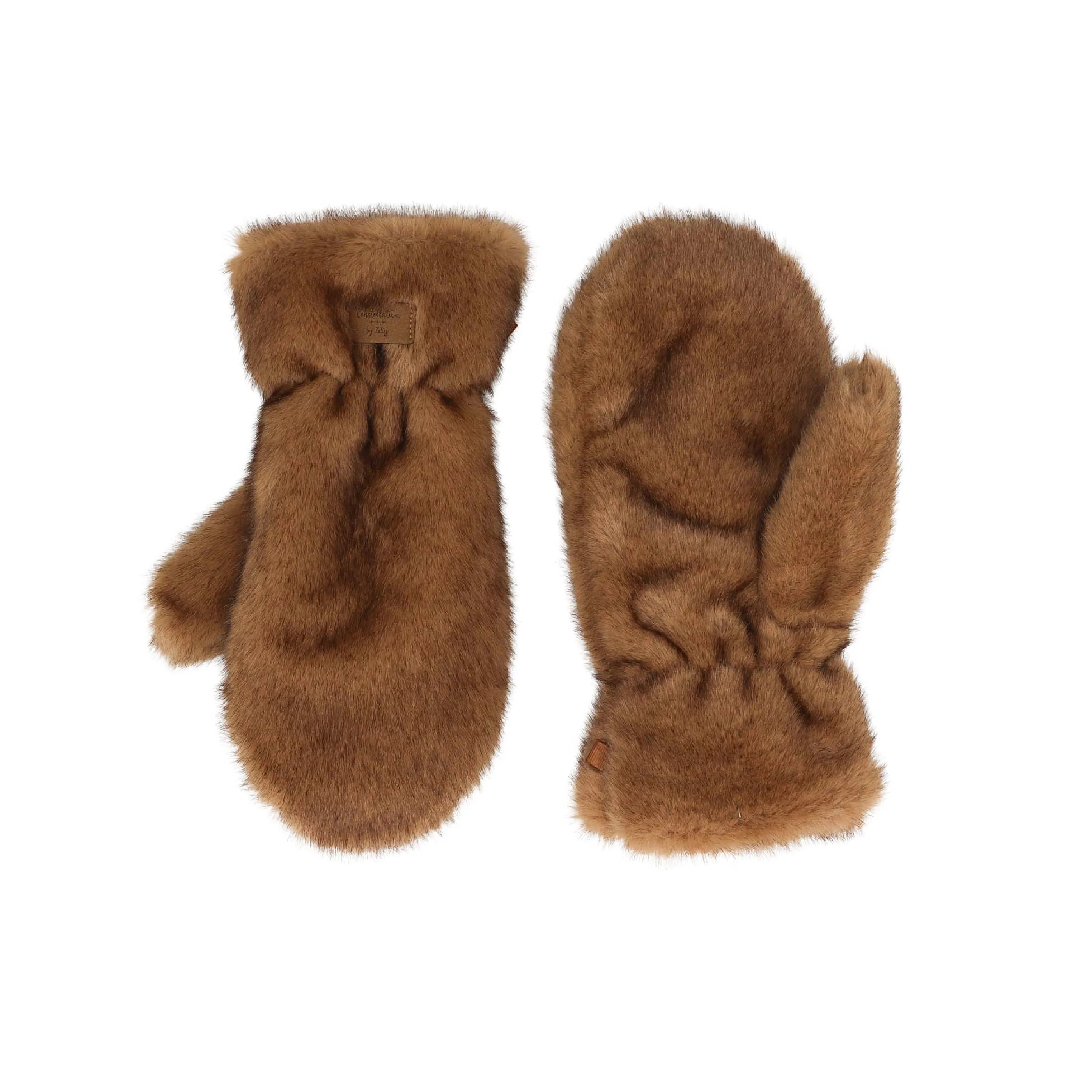 Women's Constellation Faux Fur Mittens | Coffee Brown - Image 2