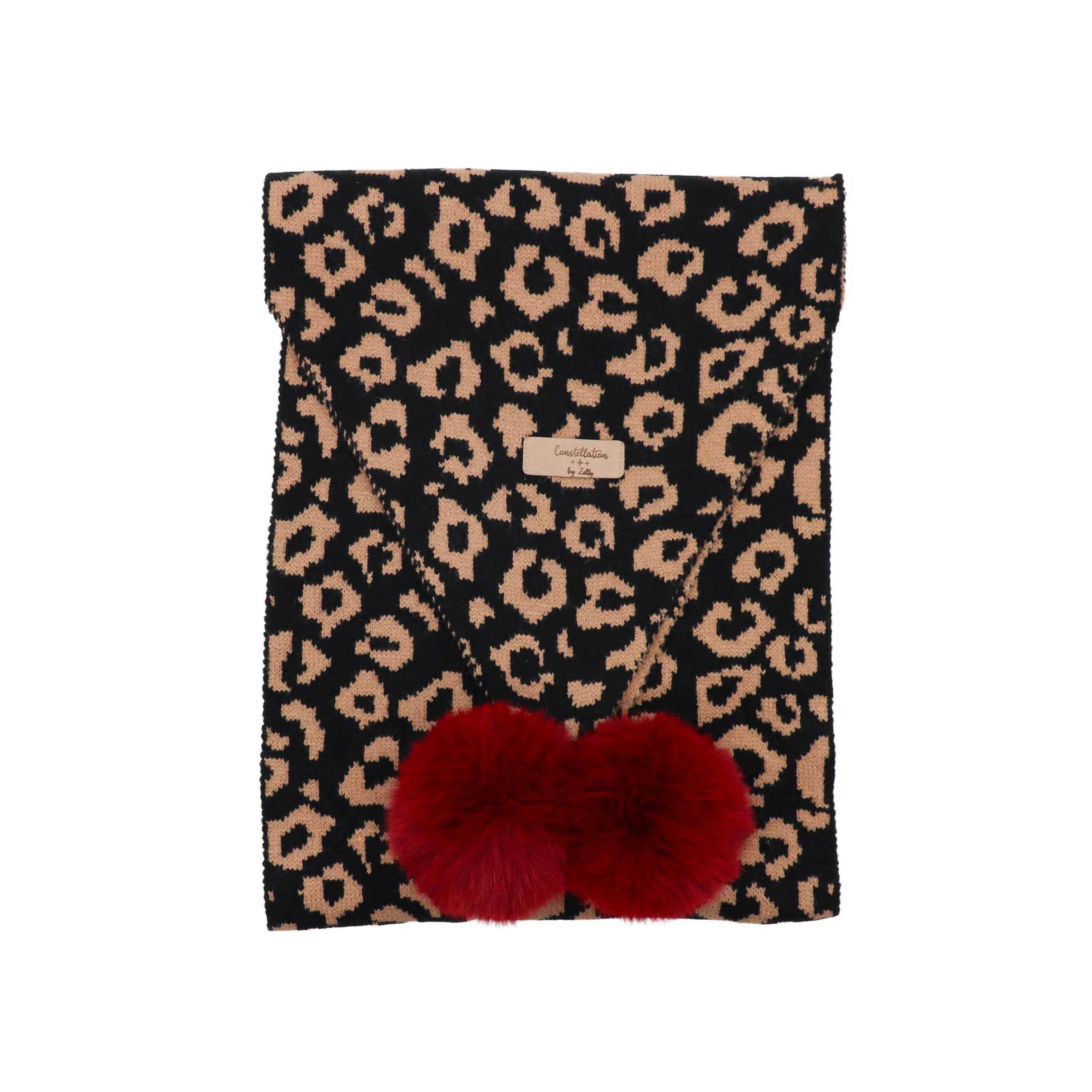 Women's Constellation Faux Fur Pom Pom Scarf | Black Leopard Print - Image 2
