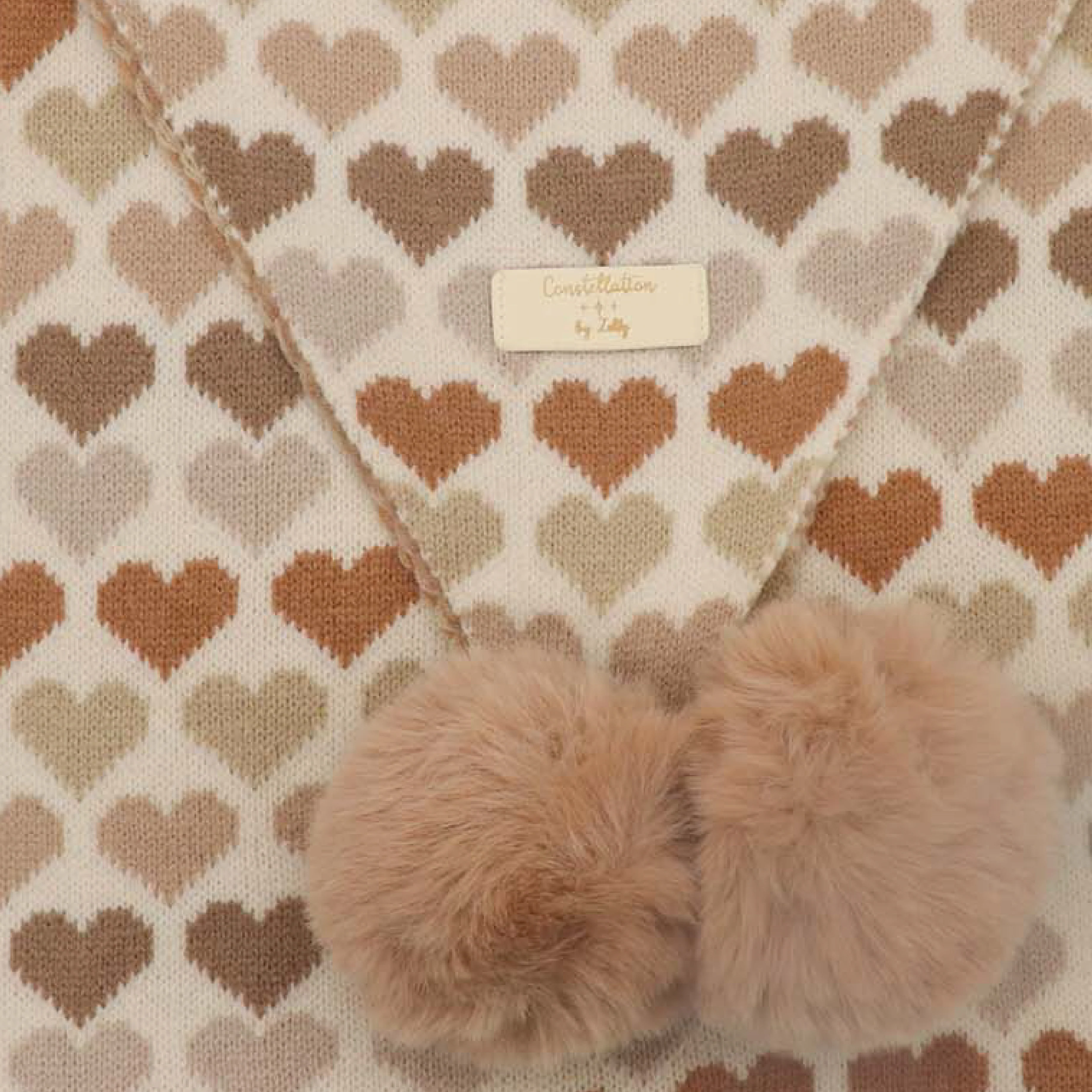 Women's Constellation Faux Fur Pom Pom Scarf | Taupe Hearts - Image 2