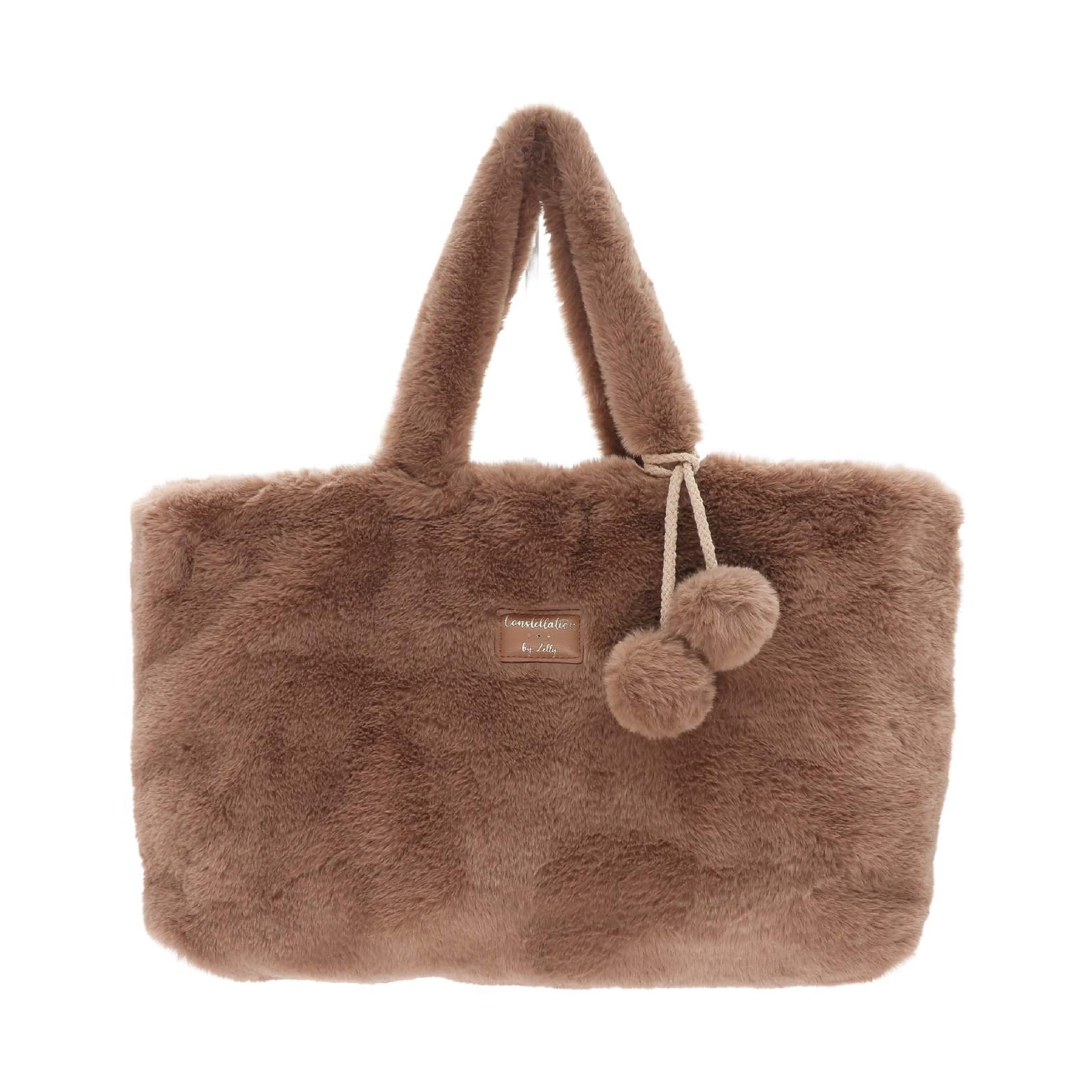 Women's Constellation Faux Fur Shoulder Bag with Pom Poms | Taupe - Image 2