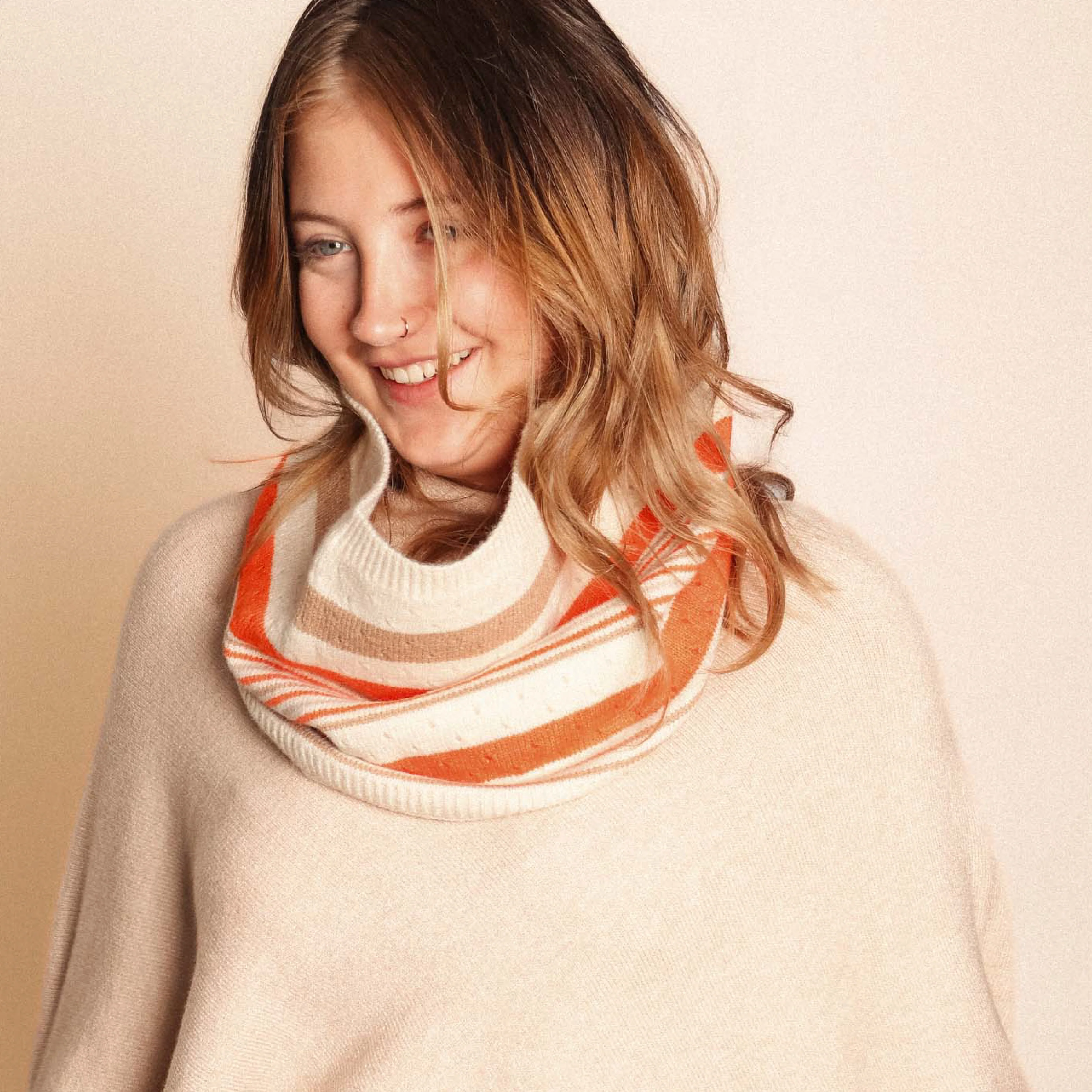 Women's Double Layer Loop Scarf | Cream/Orange Stripes