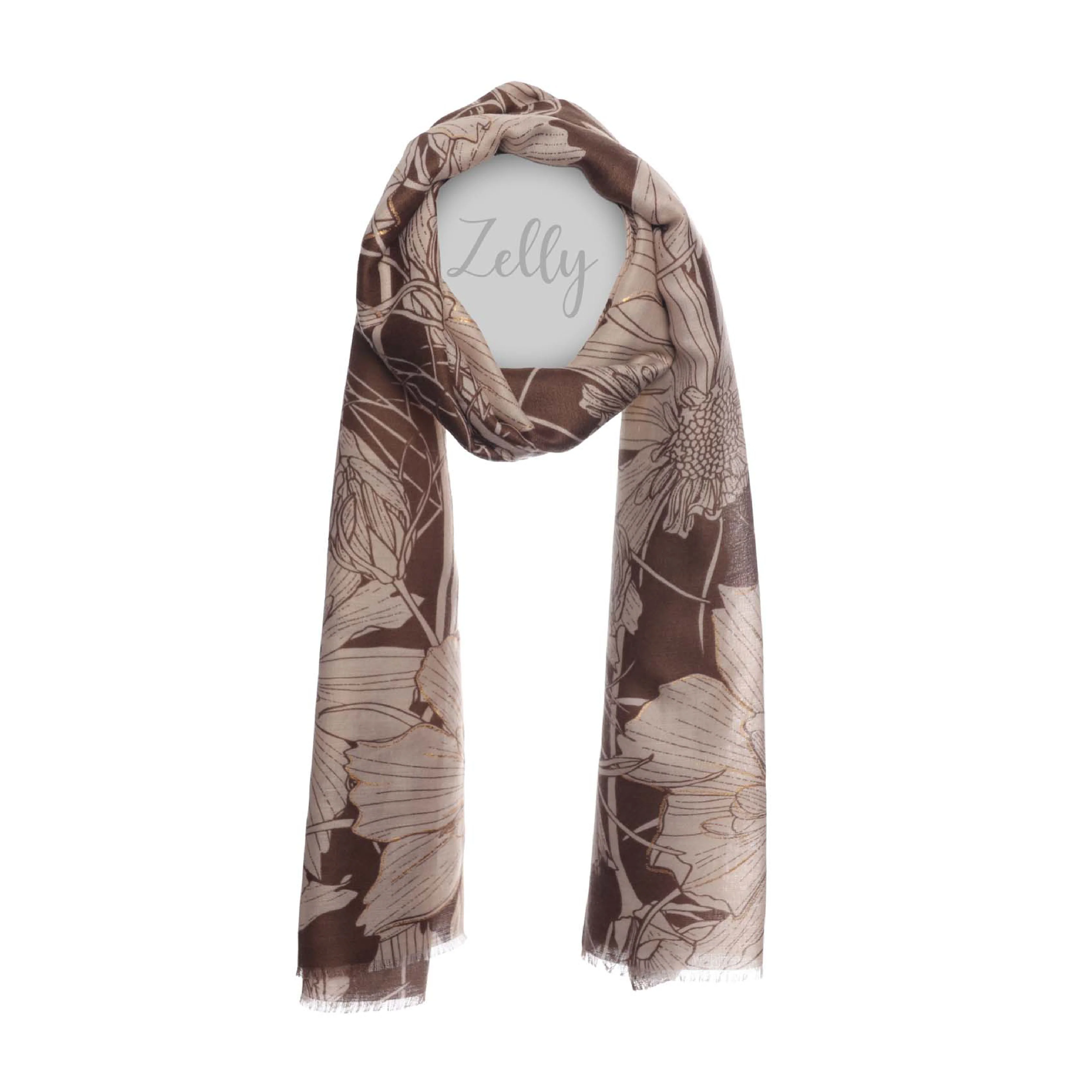 Women's Lightweight Floral Print Scarf | Taupe/Gold - Image 2