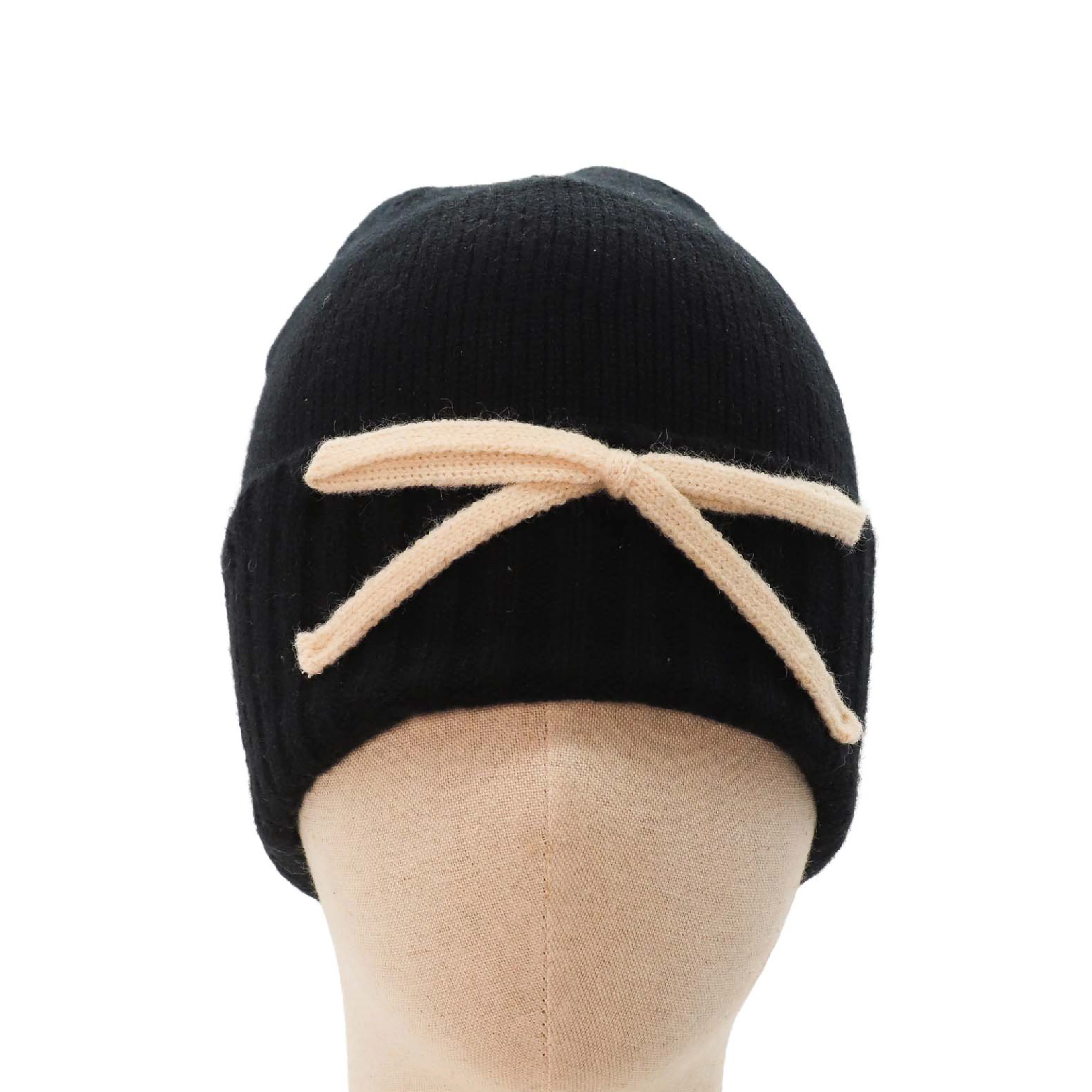 Women's Winter Beanie Hat with Knitted Bow Detail | Black/Cream - Image 2