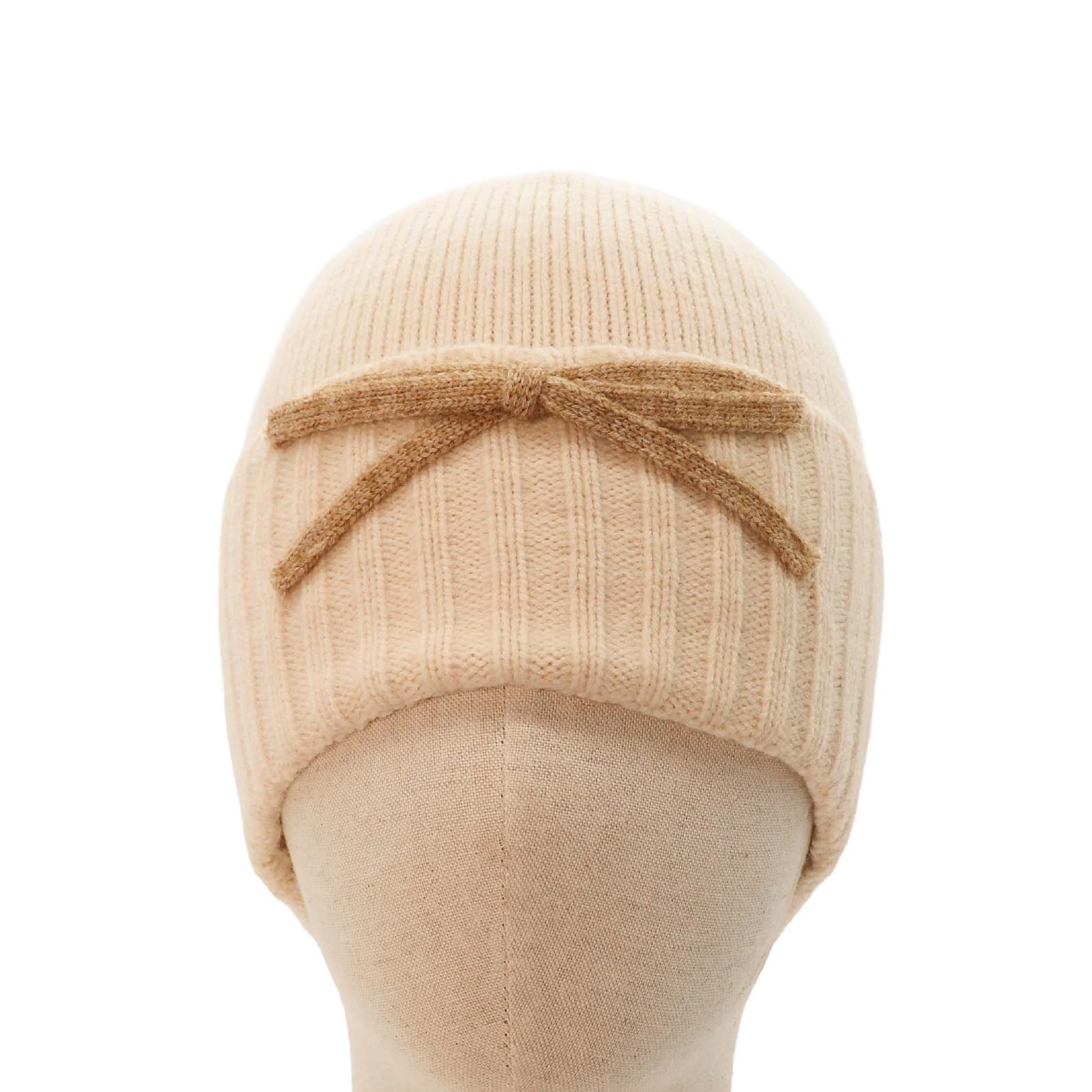 Women's Winter Beanie Hat with Knitted Bow Detail | Cream/Beige - Image 2