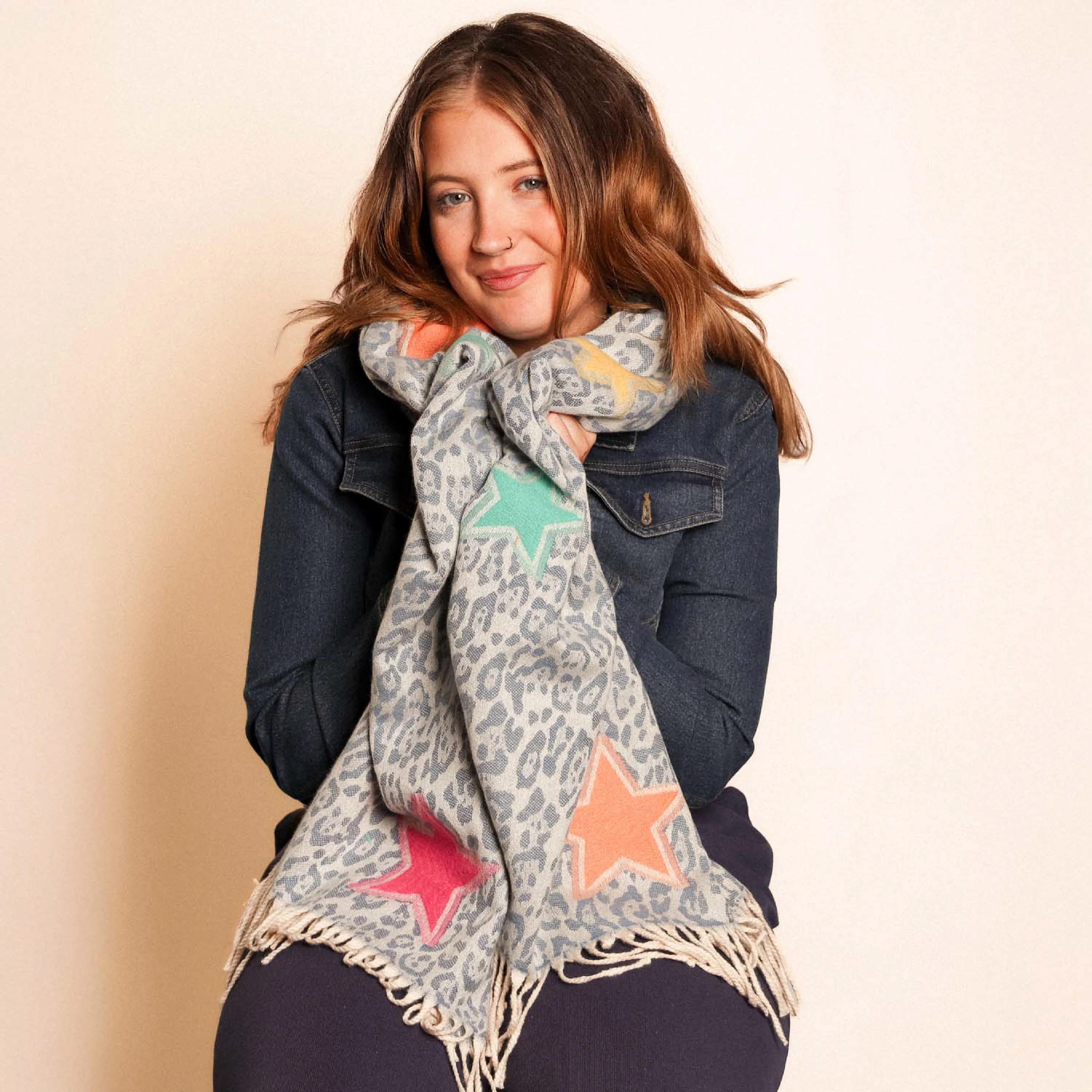 Women's Winter Leopard Print Scarf with Stars | Blue
