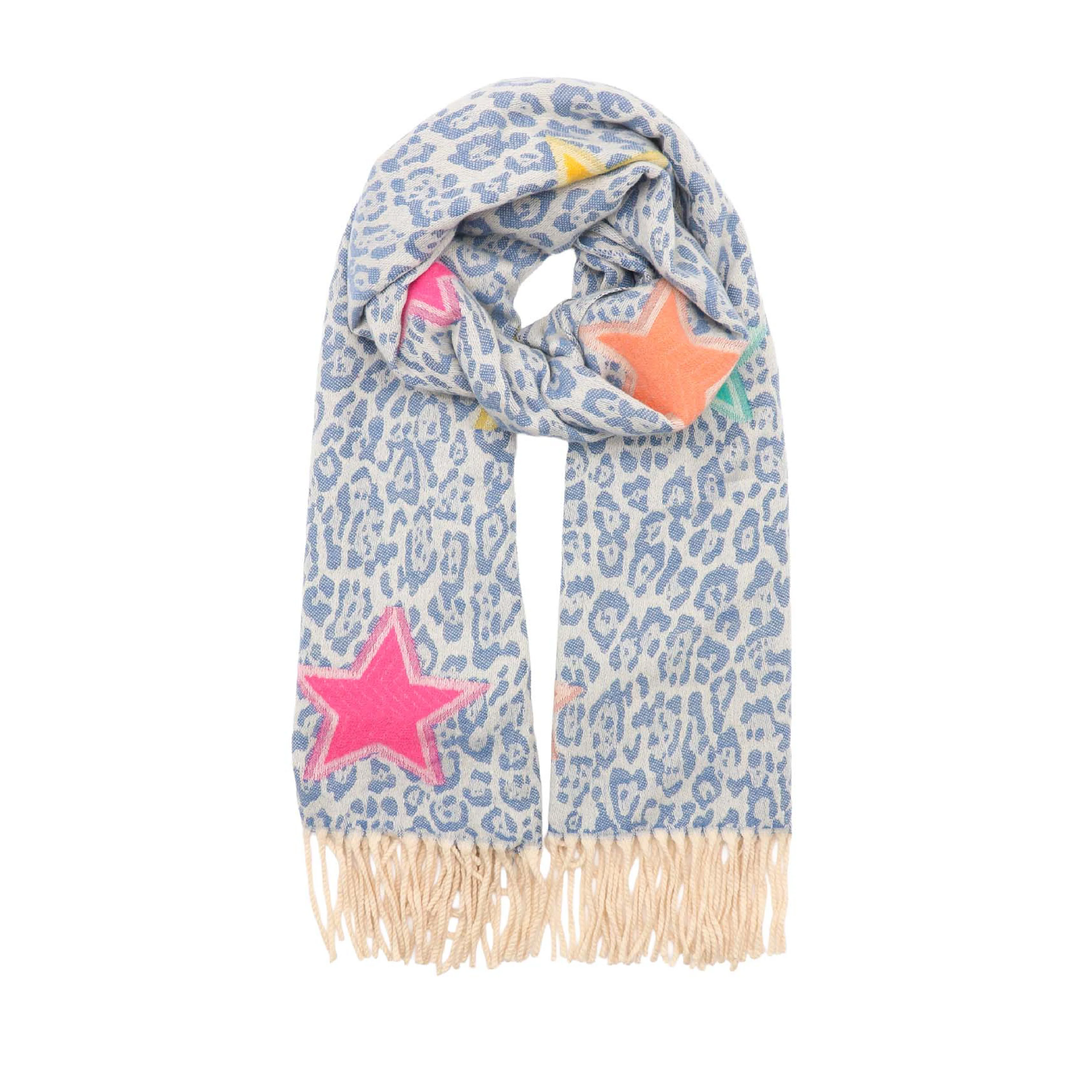 Women's Winter Leopard Print Scarf with Stars | Blue - Image 2