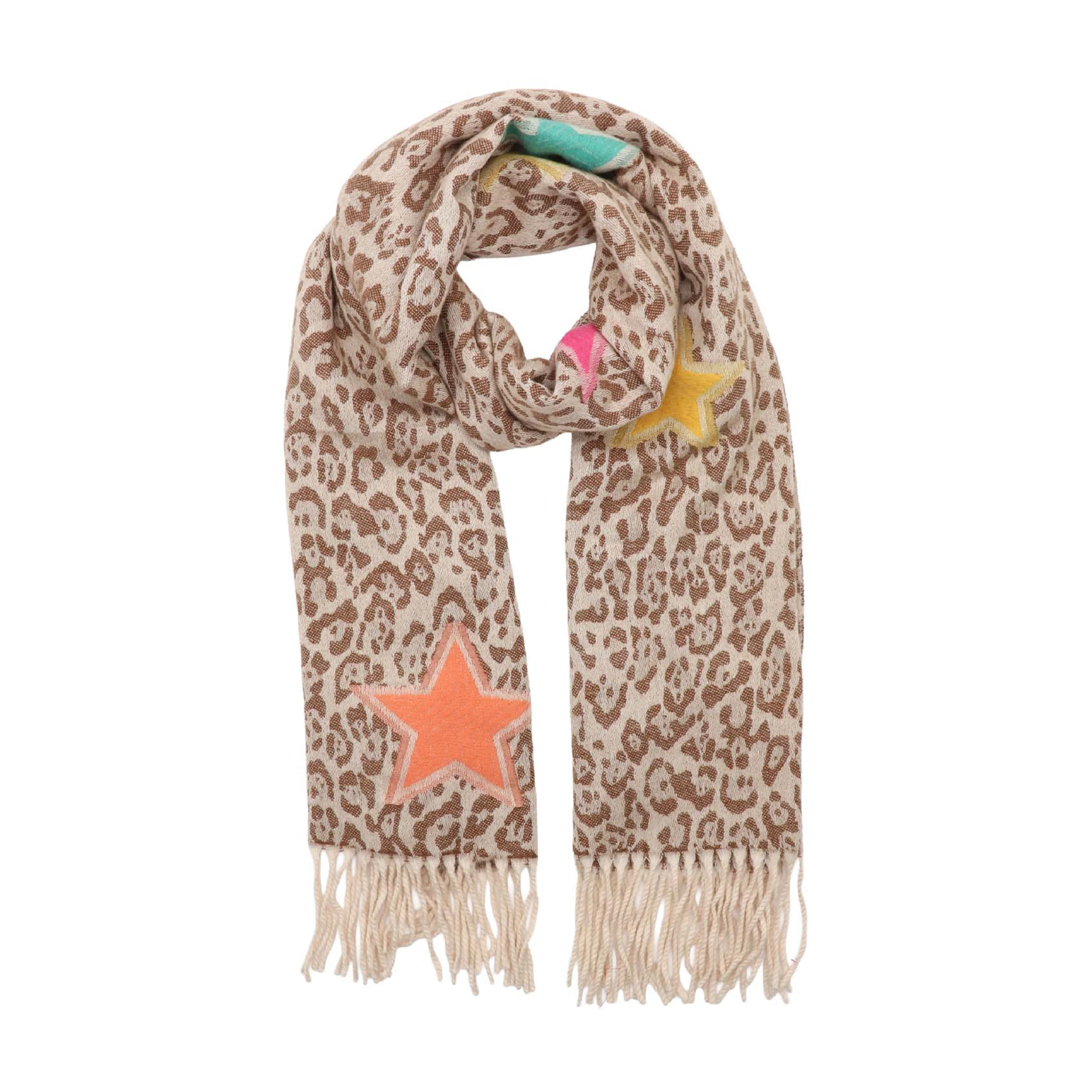Women's Winter Leopard Print Scarf with Stars | Caramel - Image 2